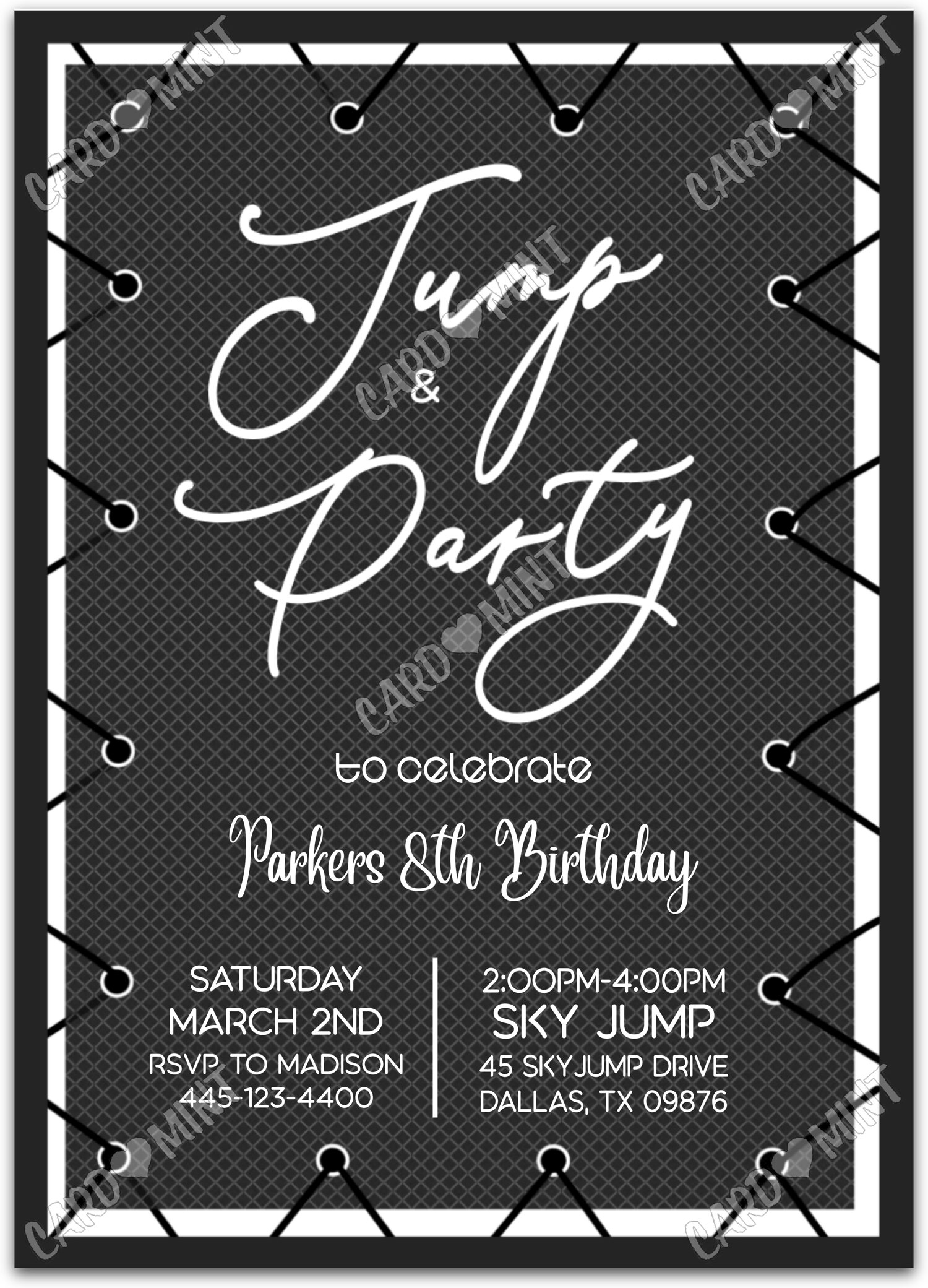 Editable Jump & Party black trampoline boy Fête d'Anniversaire Invitation EV1181