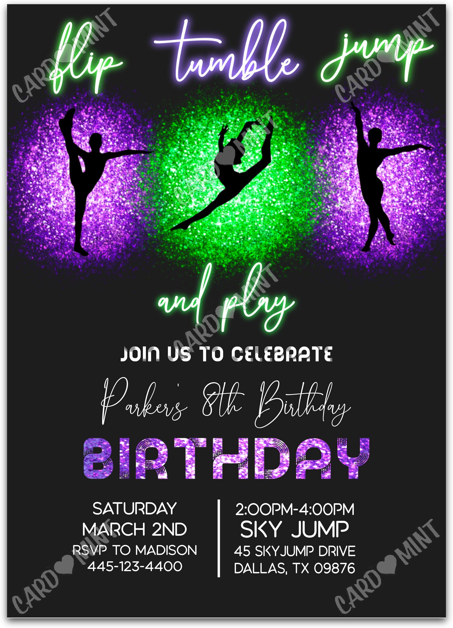 Editable Flip Tumble Jump neon purple trampoline girl Birthday Party Invitation EV1192