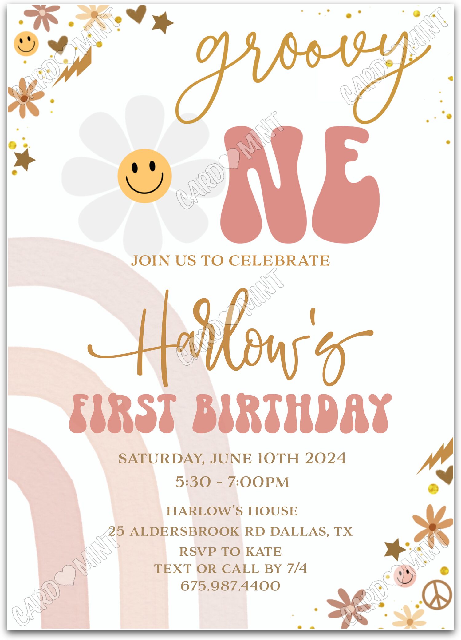Editable Groovy One tan happy faces girl First Birthday Party 5"x7" Invitation EV1193