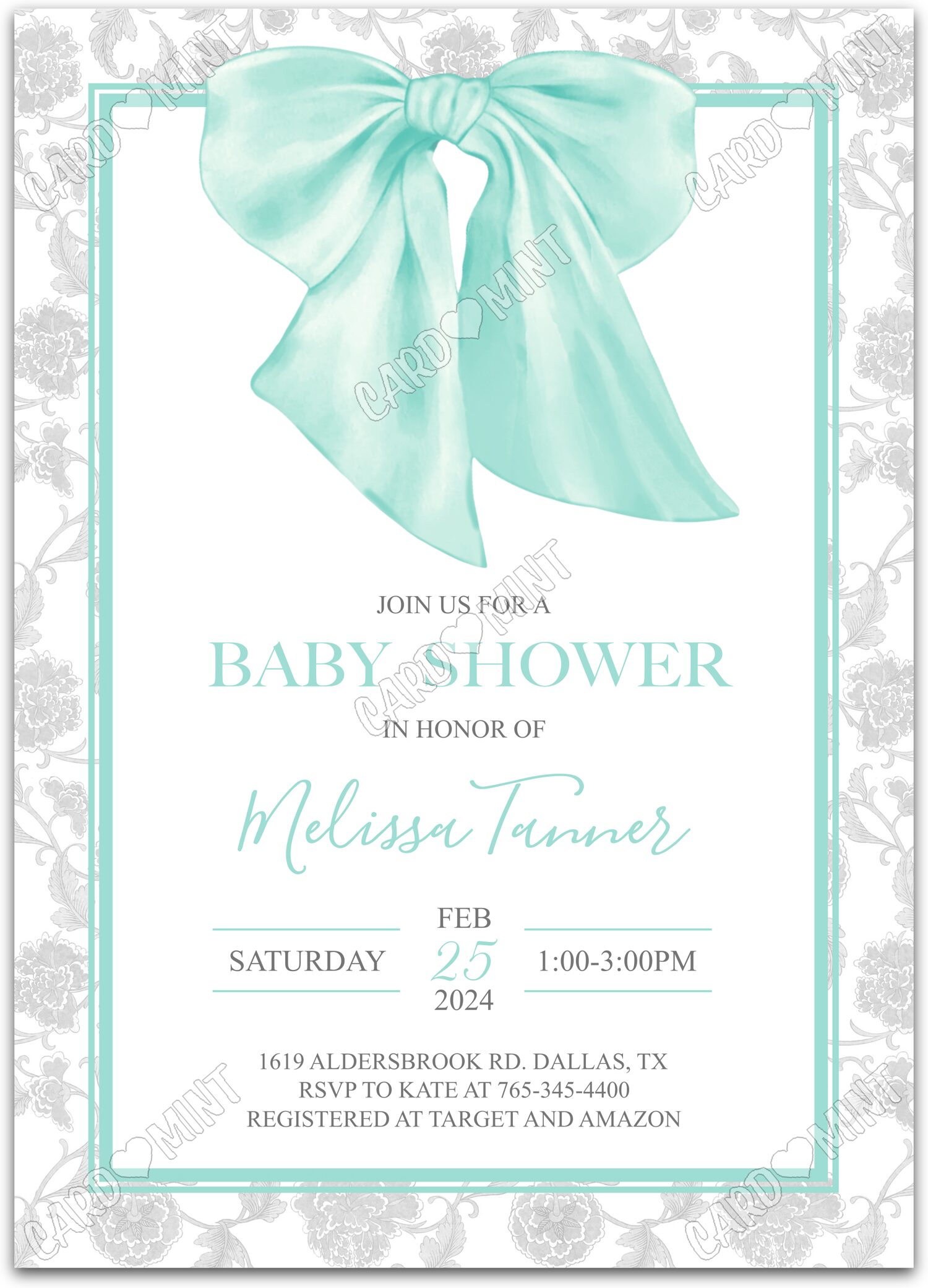 Editable Turquoise Bow turquoise bow boy Baby Shower 5"x7" Invitation EV1198