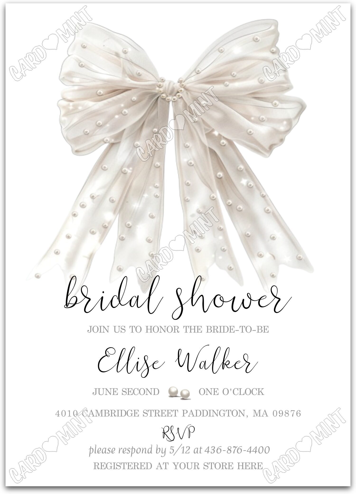 Editable White Bow white bow Bridal Shower 5"x7" Invitation EV1200