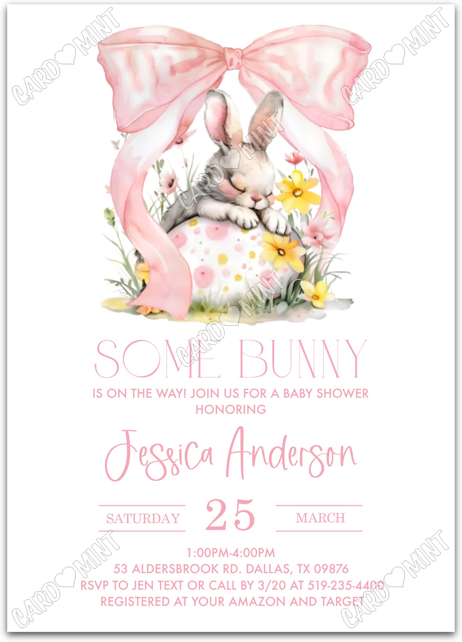 Editable Some Bunny pink bunny & bow girl Douche de bébé 5"x7" Invitation EV1201