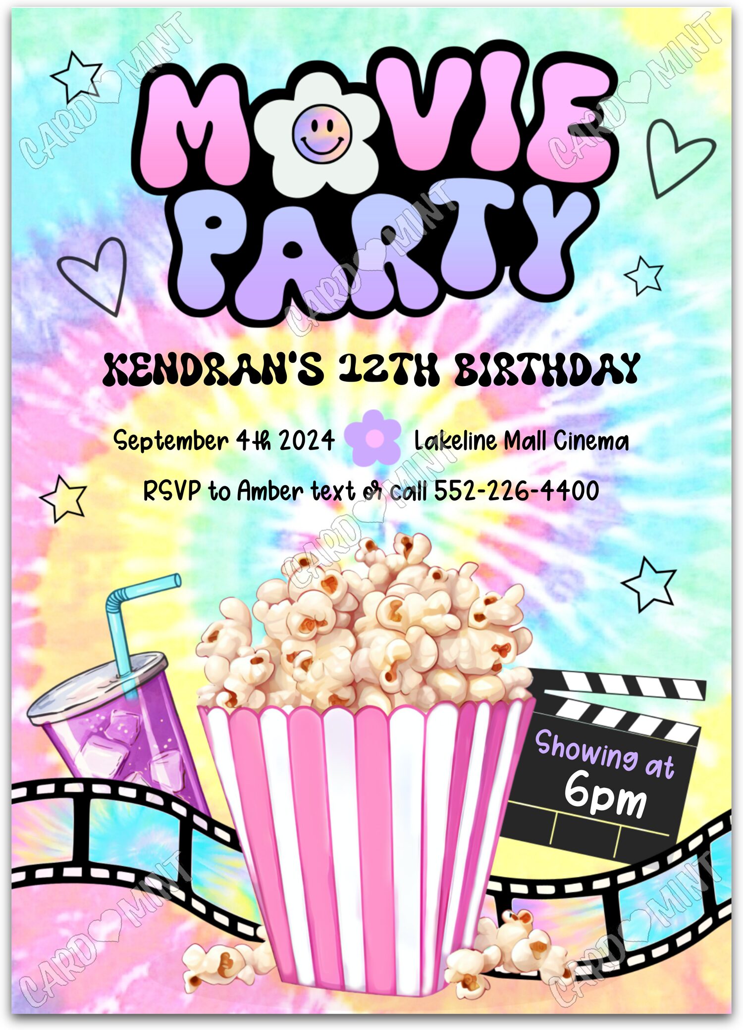 Editable Movie Party colorful movie treats girl Birthday Party 5"x7" Invitation EV1202