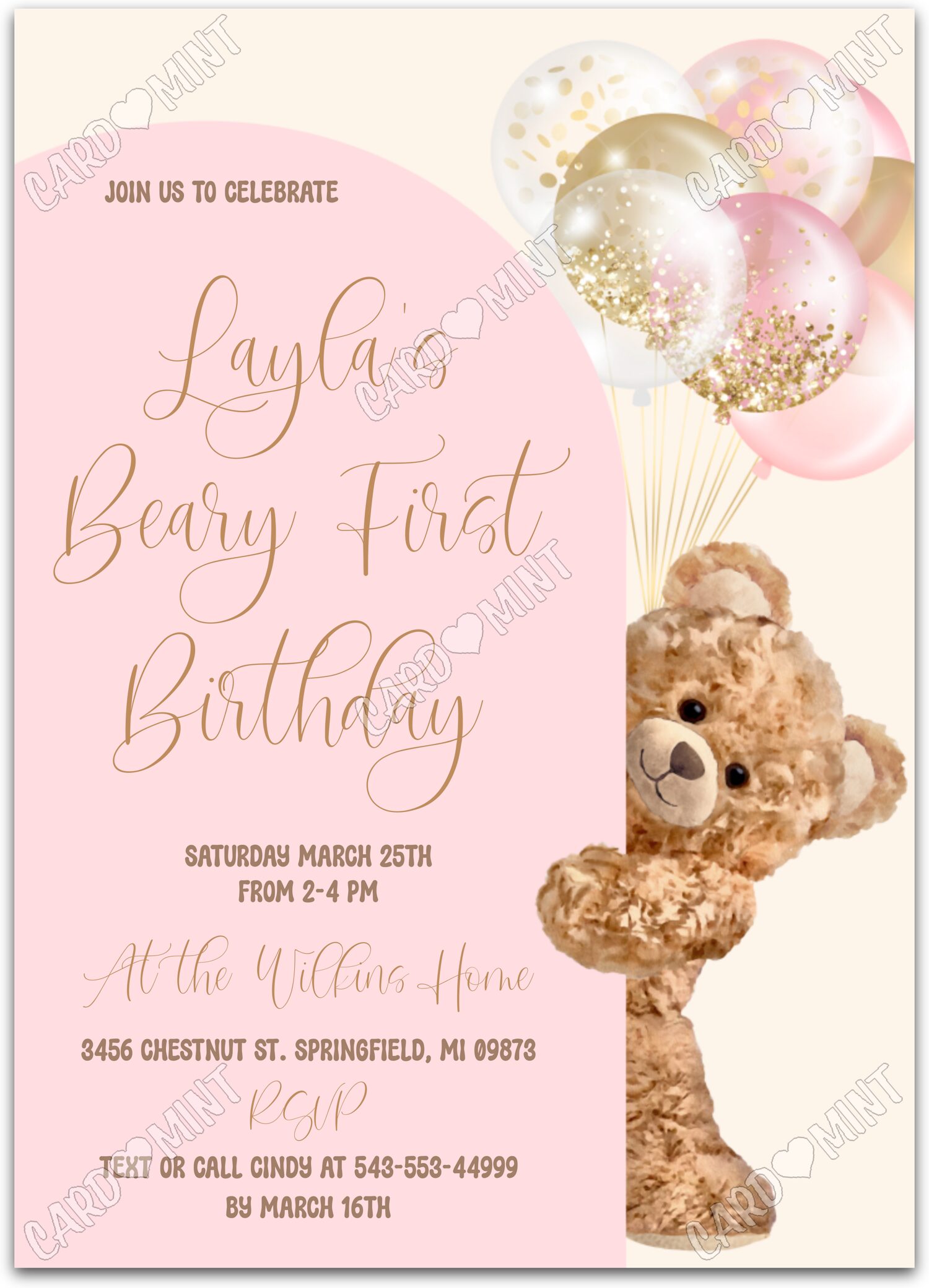 Editable Beary First Birthday pink peek-a-boo teddy bear girl Birthday Party 5"x7" Invitation EV1203