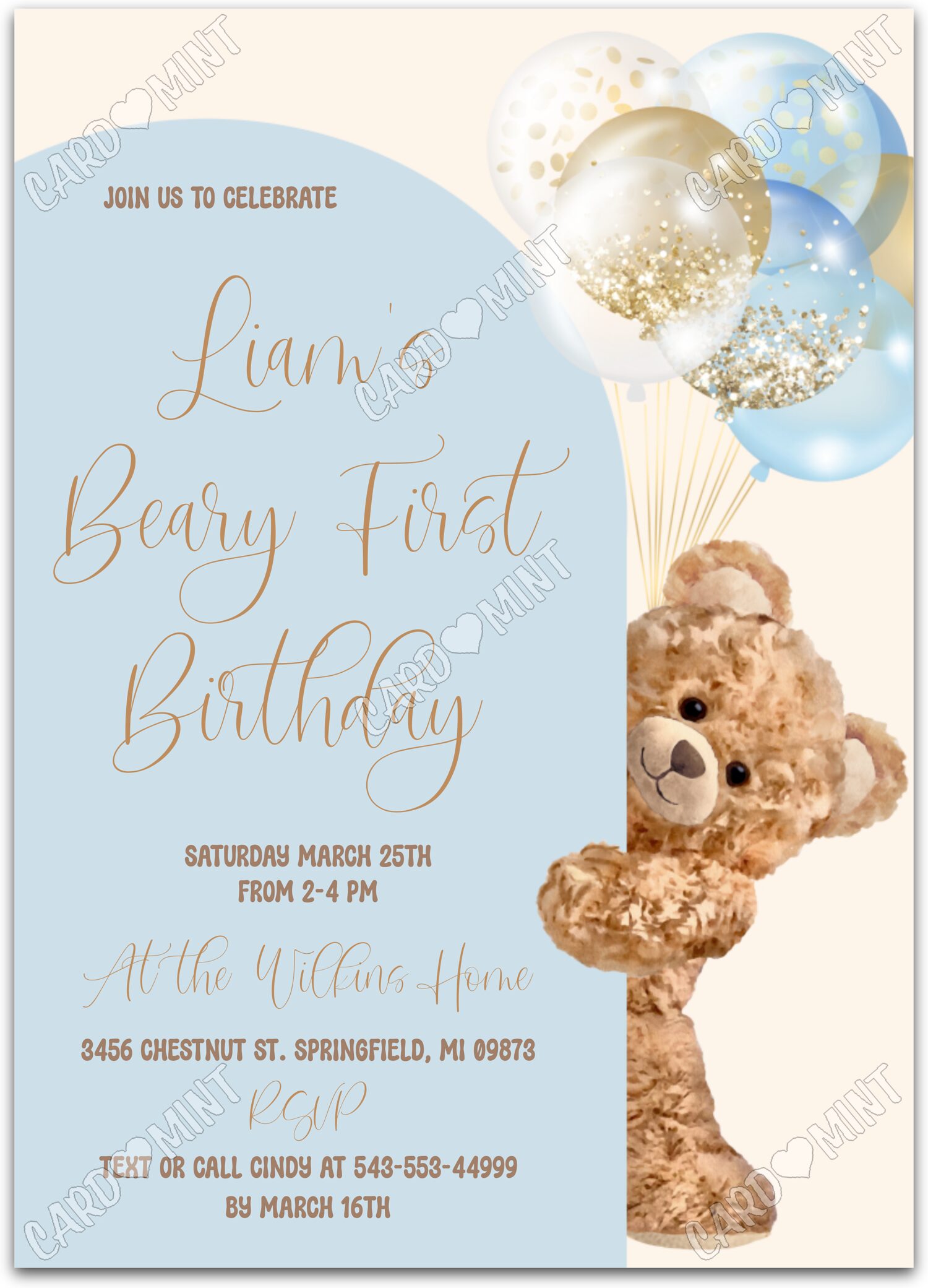 Editable Beary First Birthday blue peek-a-boo teddy bear boy Fête d'Anniversaire 5"x7" Invitation EV1204