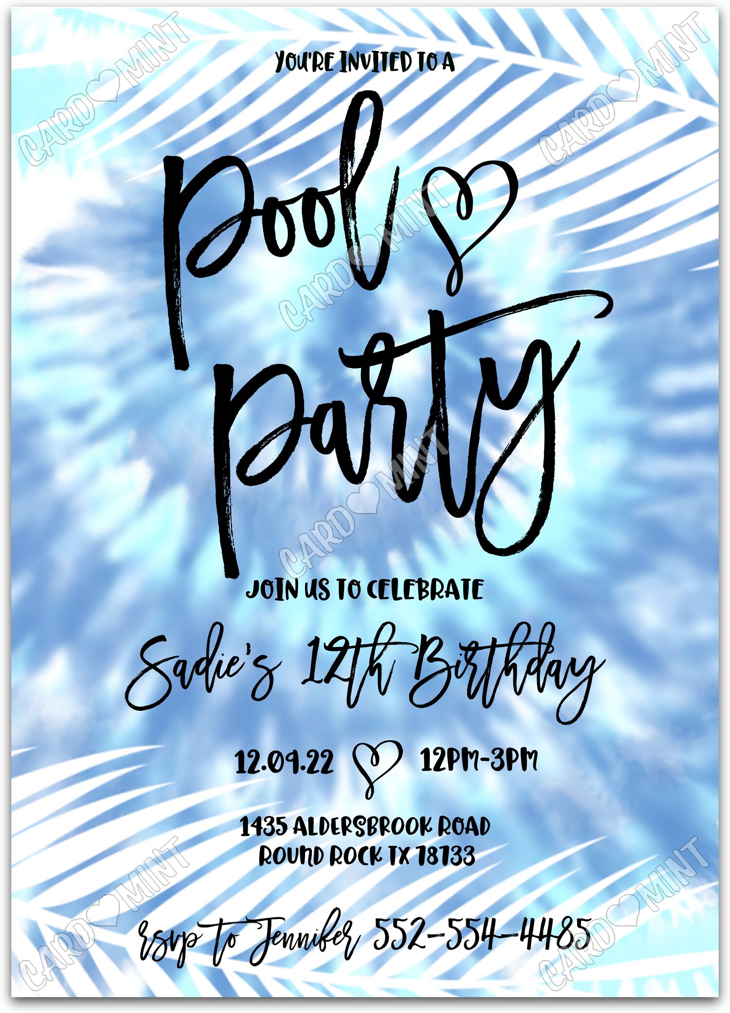 Editable Pool Party blue tie die girl Birthday Party 5"x7" Invitation EV1206