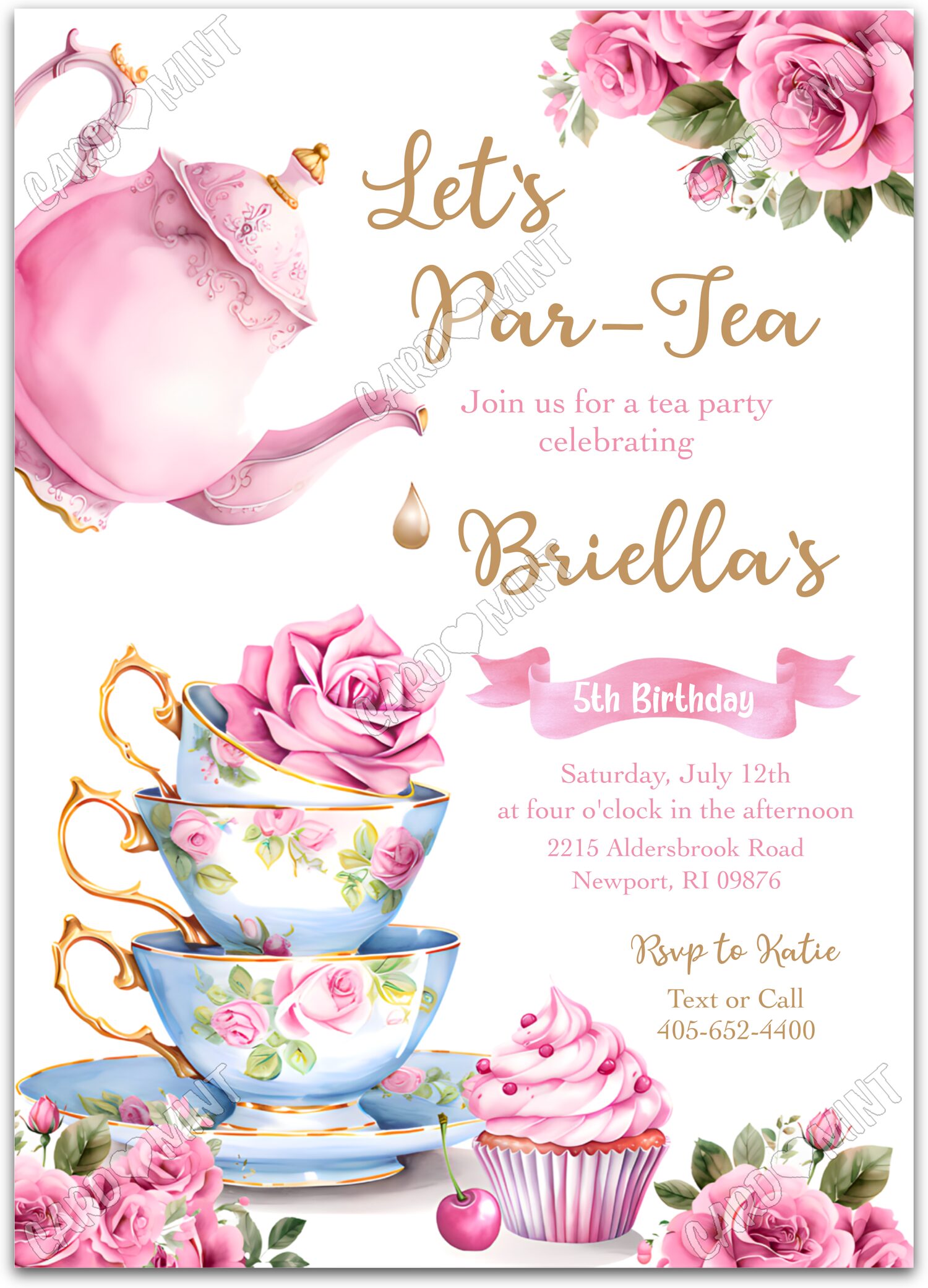 Editable Let's Par-tea pink teacups & roses girl Tea Party Birthday Party 5"x7" Invitation EV1209