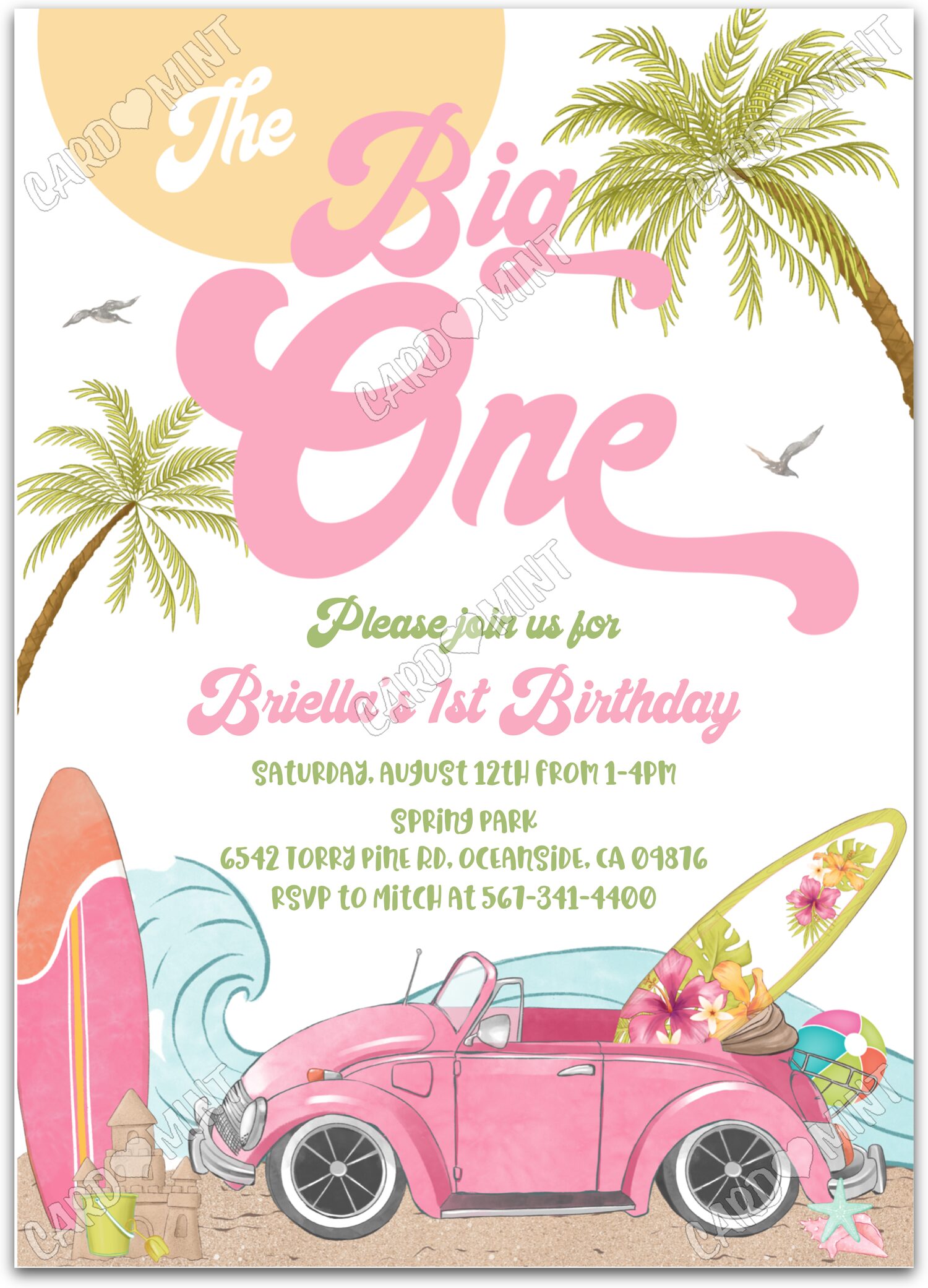 Editable The Big One pink vintage beach gear girl First Birthday Party 5"x7" Invitation EV1210