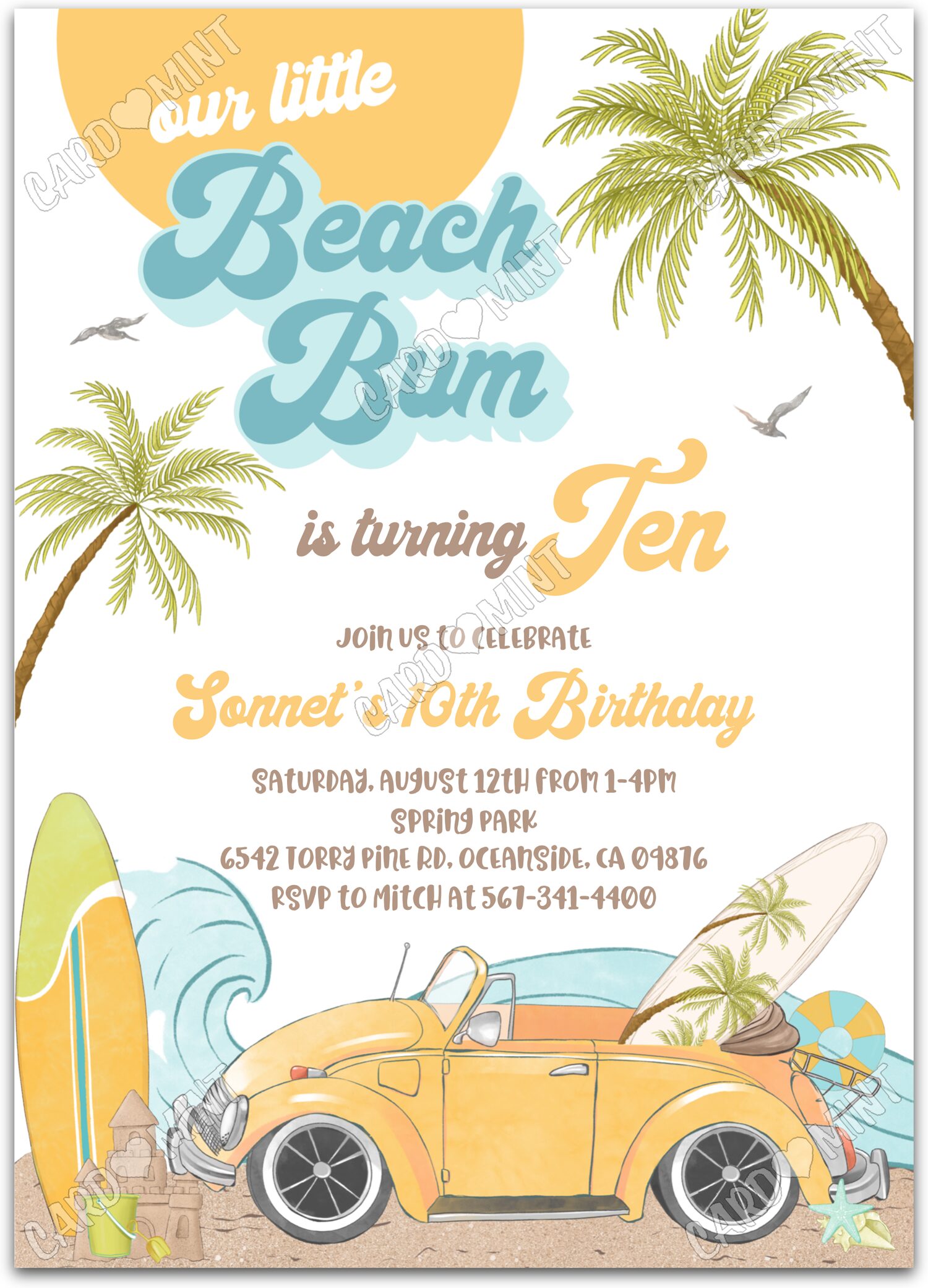 Editable Beach Bum yellow vintage beach gear neutral Birthday Party 5"x7" Invitation EV1212