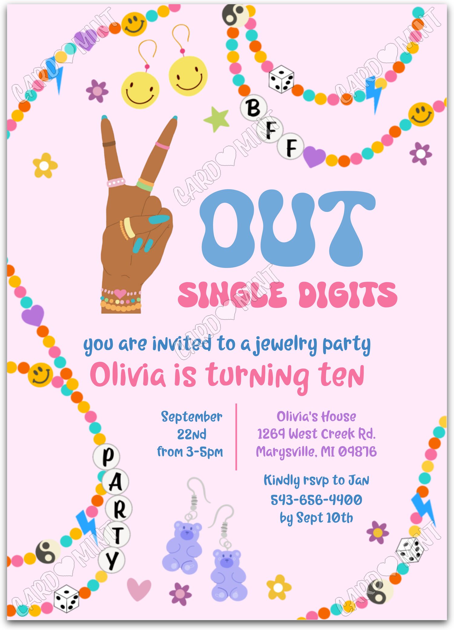 Editable Peace Out pink colorful beads girl Birthday Party 5"x7" Invitation EV1213
