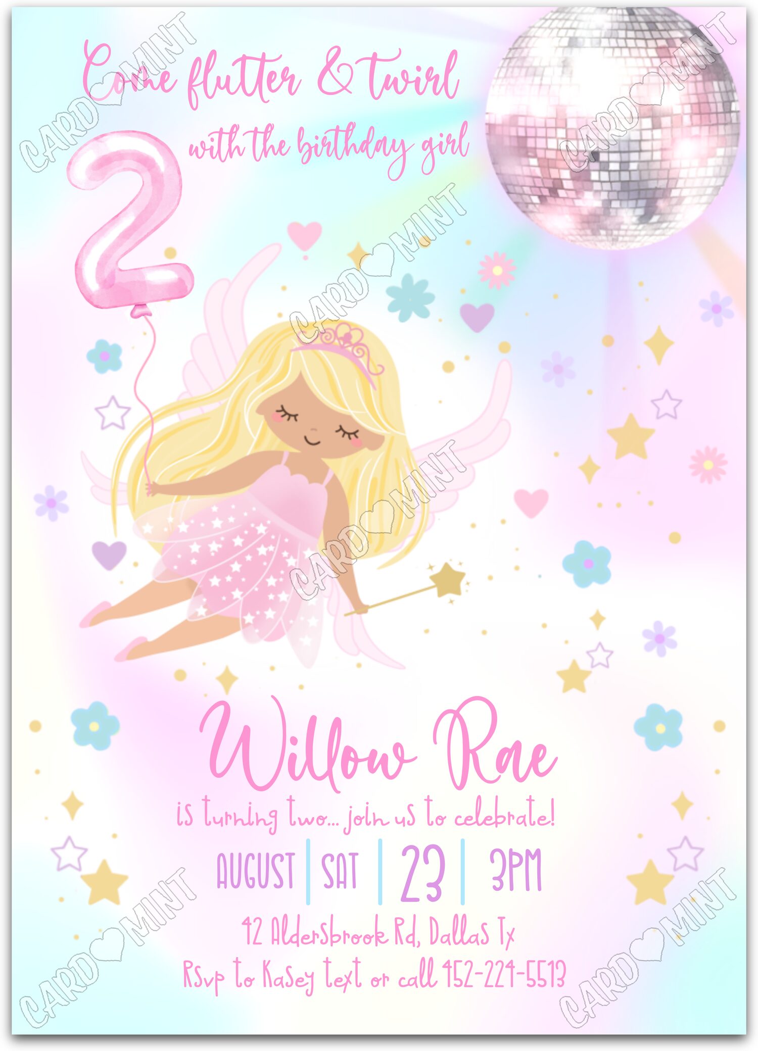 Editable Flutter & Twirl white light/blonde fairy & stars pattern girl 2nd Birthday Party 5"x7" Invitation EV1214-2