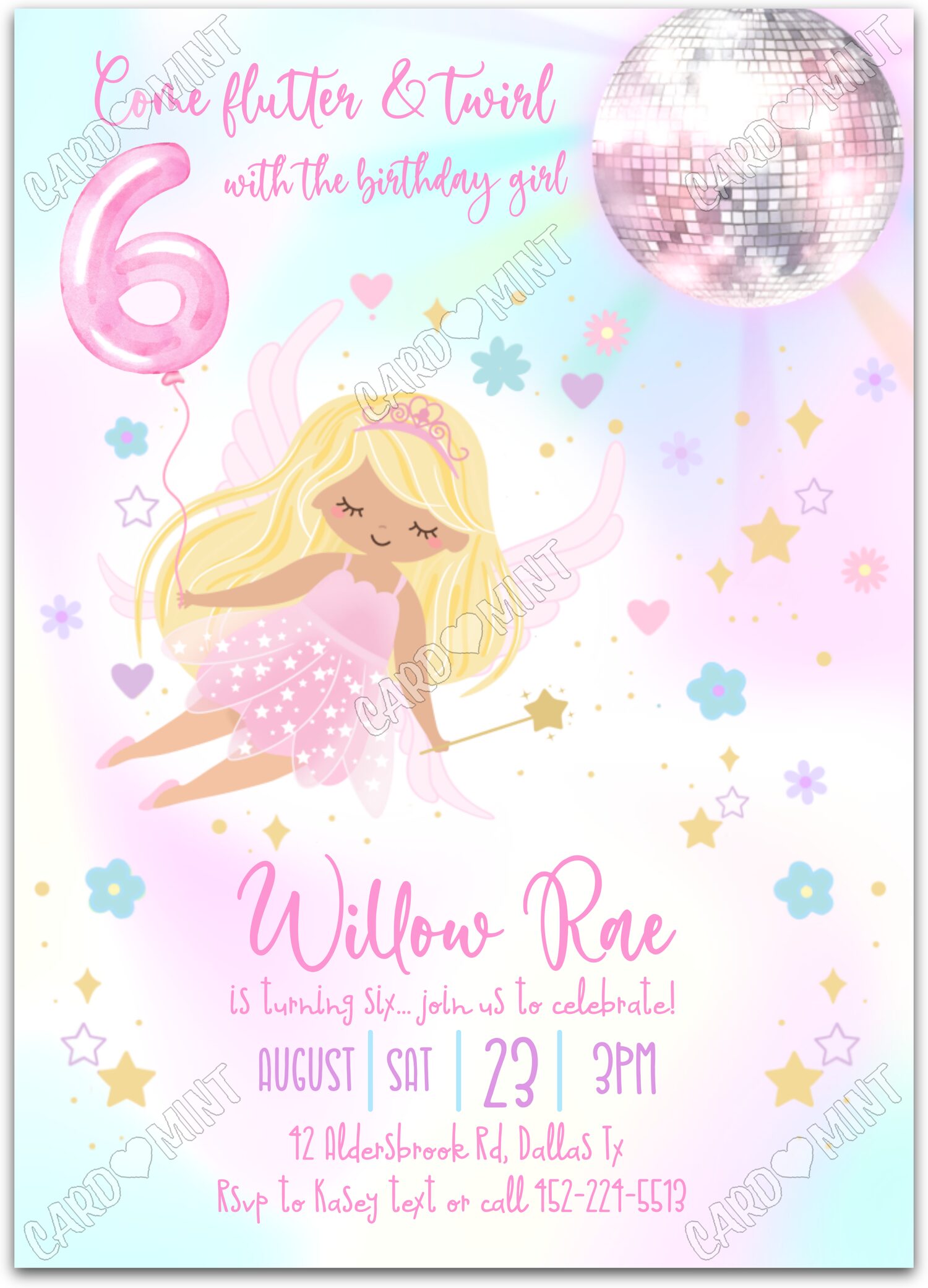Editable Flutter & Twirl white light/blonde fairy & stars pattern girl 6th Birthday Party 5"x7" Invitation EV1214-6