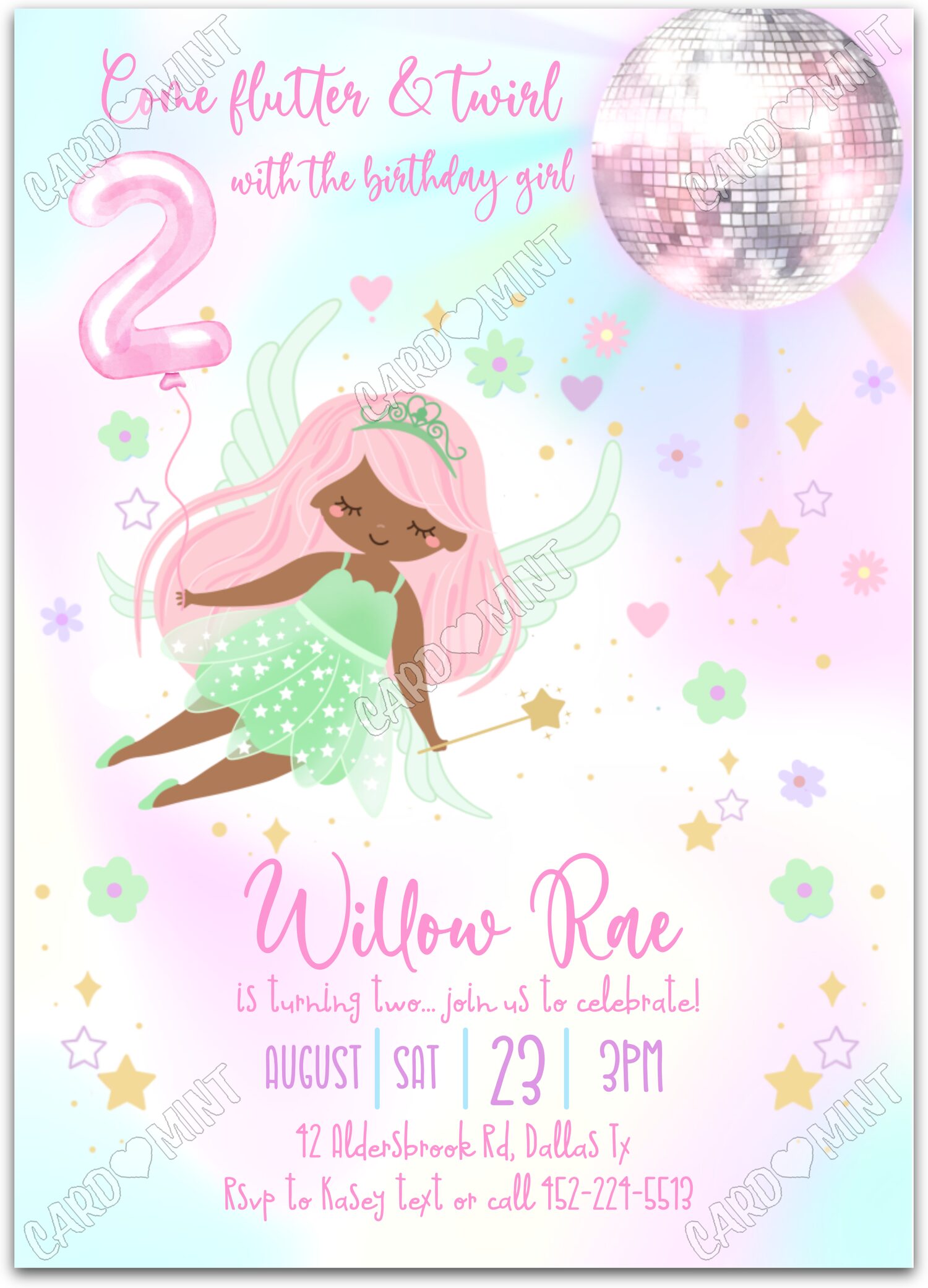 Editable Flutter & Twirl white dark/pink fairy & stars pattern girl 2nd Birthday Party 5"x7" Invitation EV1216-2