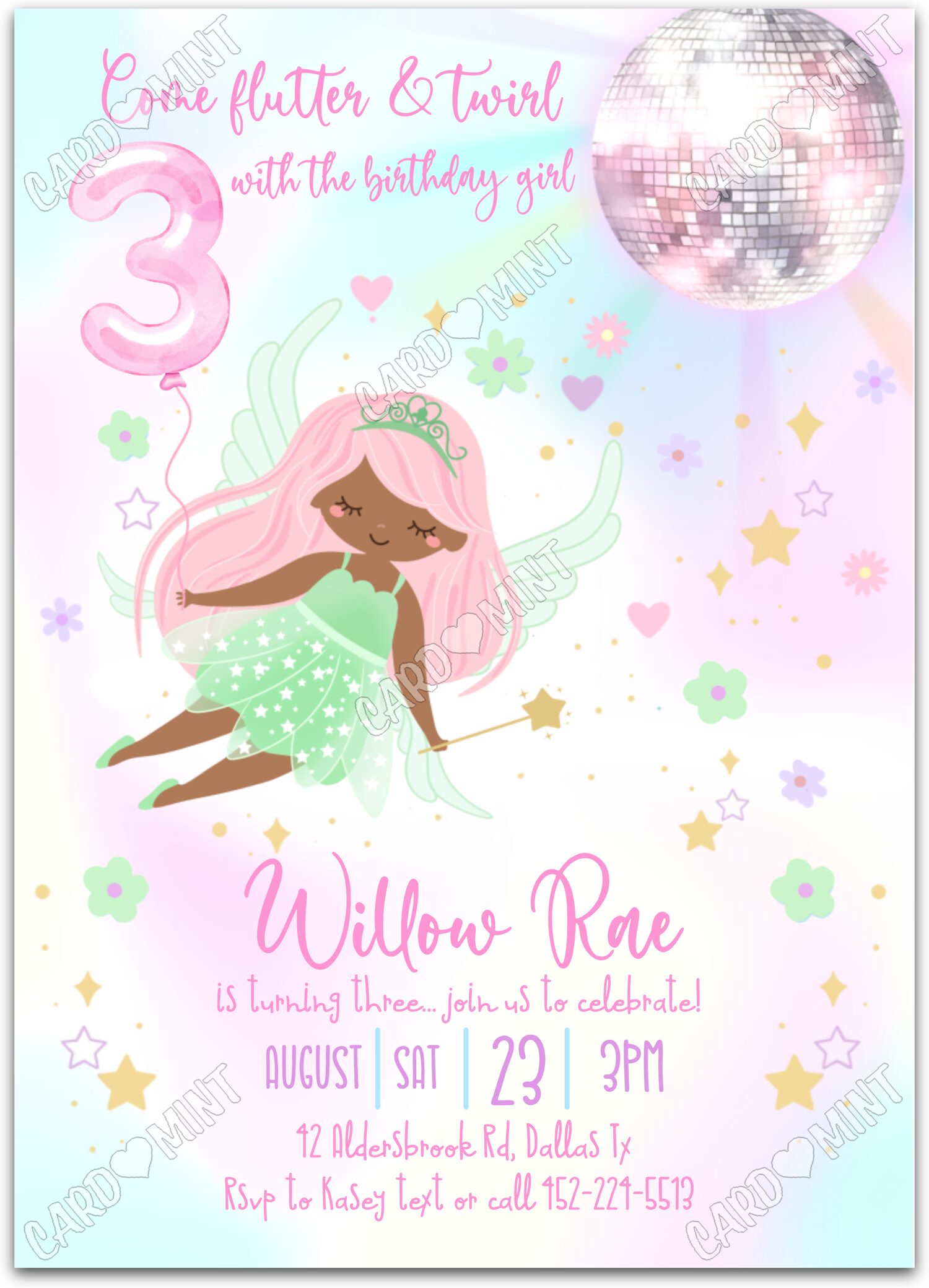 Editable Flutter & Twirl white dark/pink fairy & stars pattern girl 3rd Fête d'Anniversaire 5"x7" Invitation EV1216-3