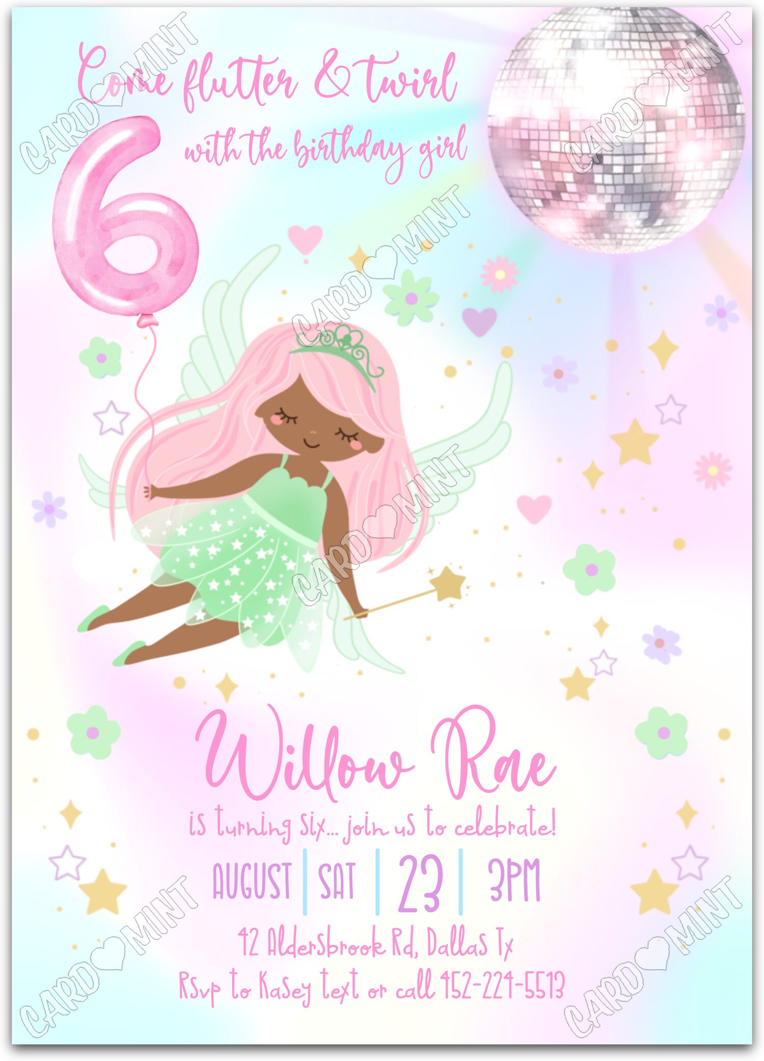 Editable Flutter & Twirl white dark/pink fairy & stars pattern girl 6th Birthday Party 5"x7" Invitation EV1216-6