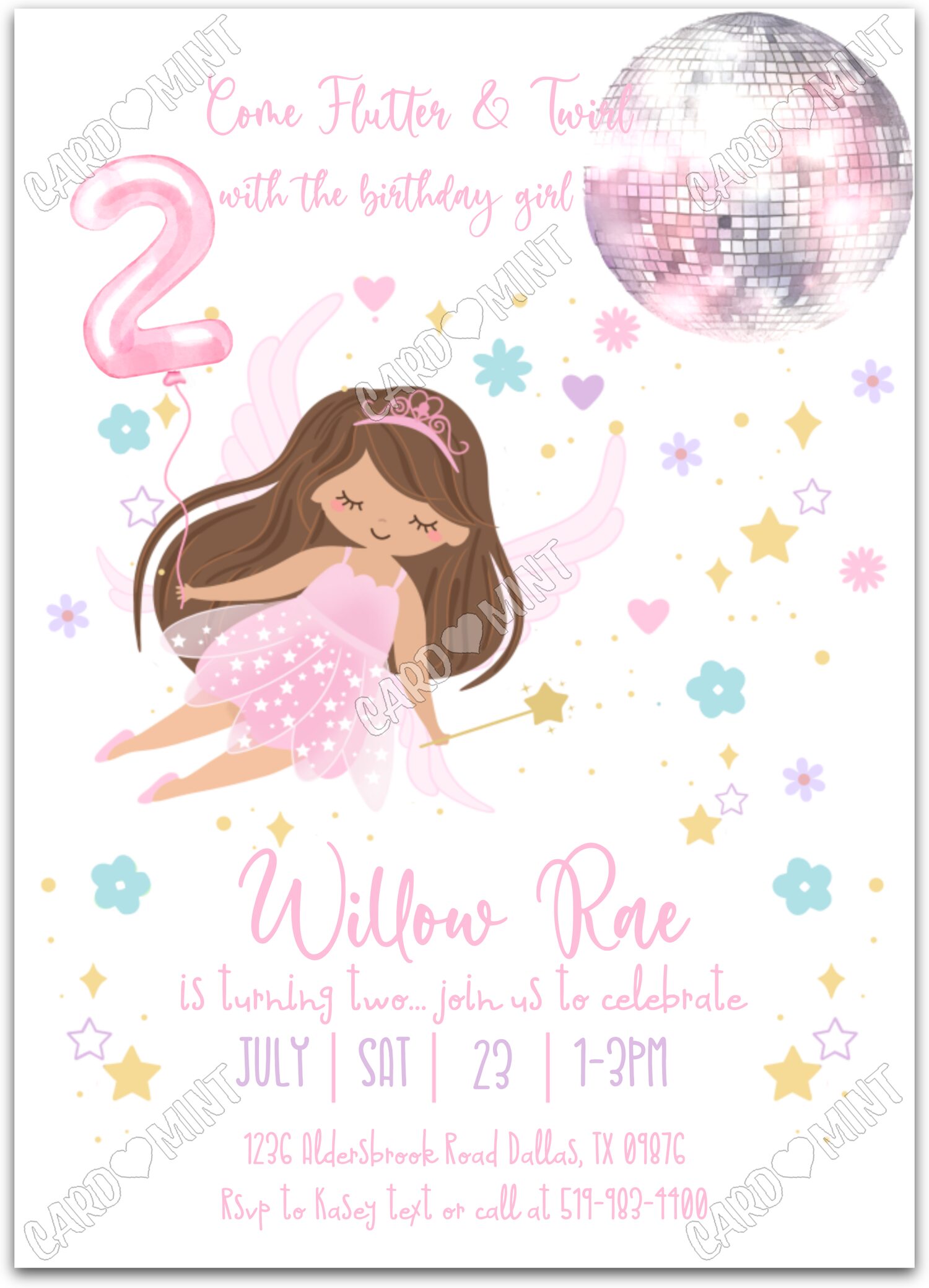Editable Flutter & Twirl white light/brunette fairy & stars pattern girl 2nd Birthday Party 5"x7" Invitation EV1220-2