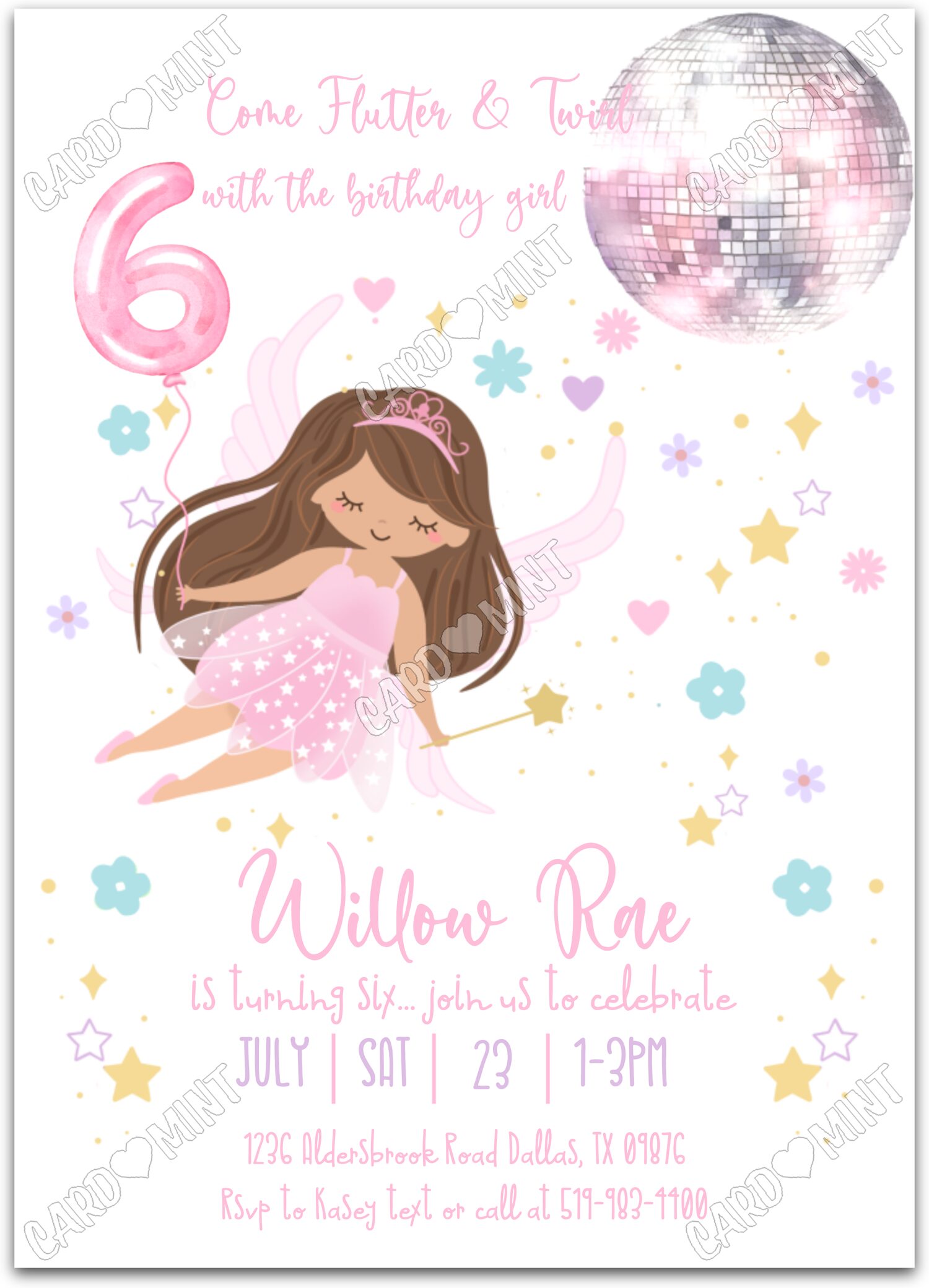 Editable Flutter & Twirl white light/brunette fairy & stars pattern girl 6th Birthday Party 5"x7" Invitation EV1220-6