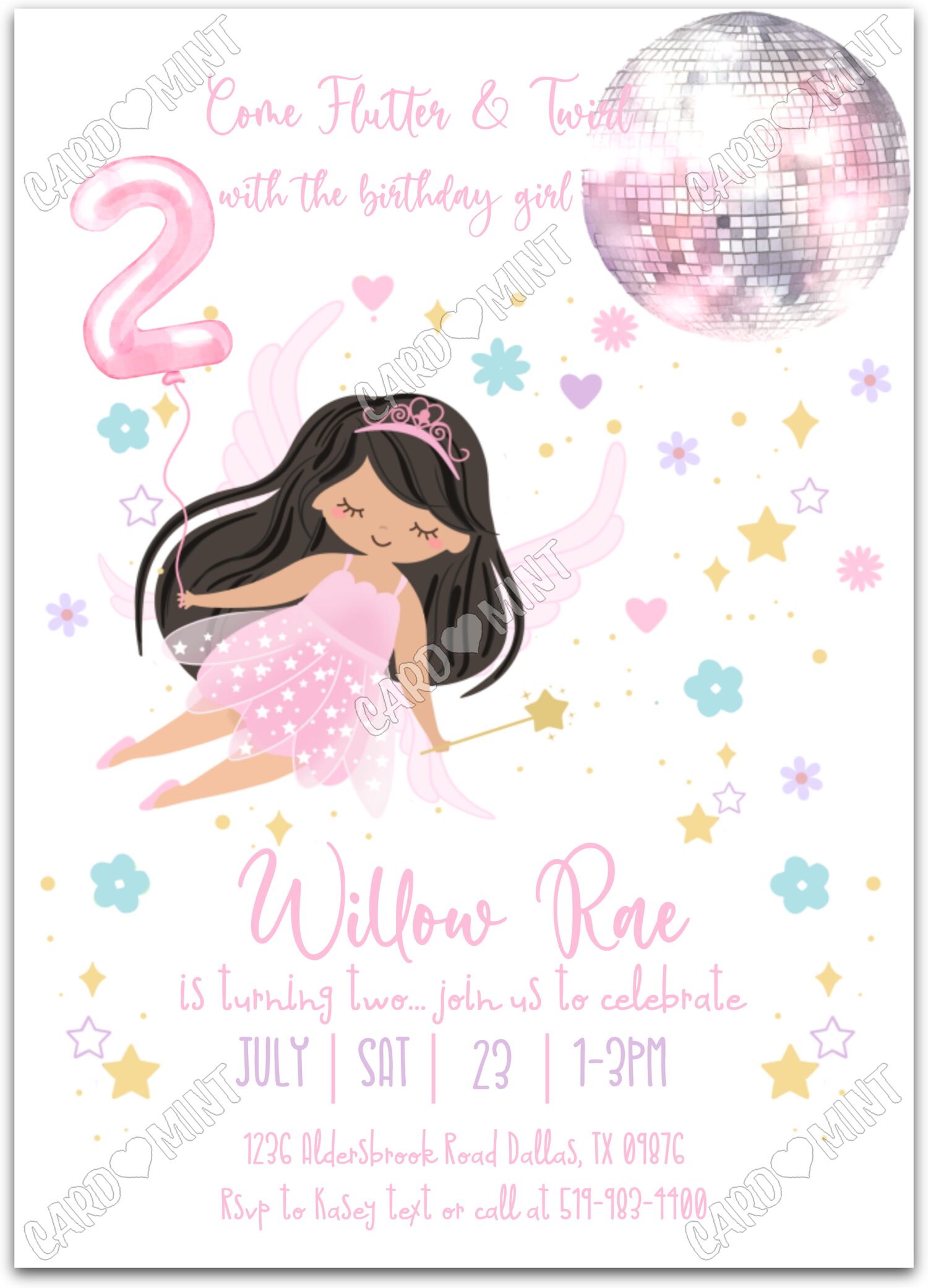 Editable Flutter & Twirl white light/black fairy & stars pattern girl 2nd Birthday Party 5"x7" Invitation EV1225-2