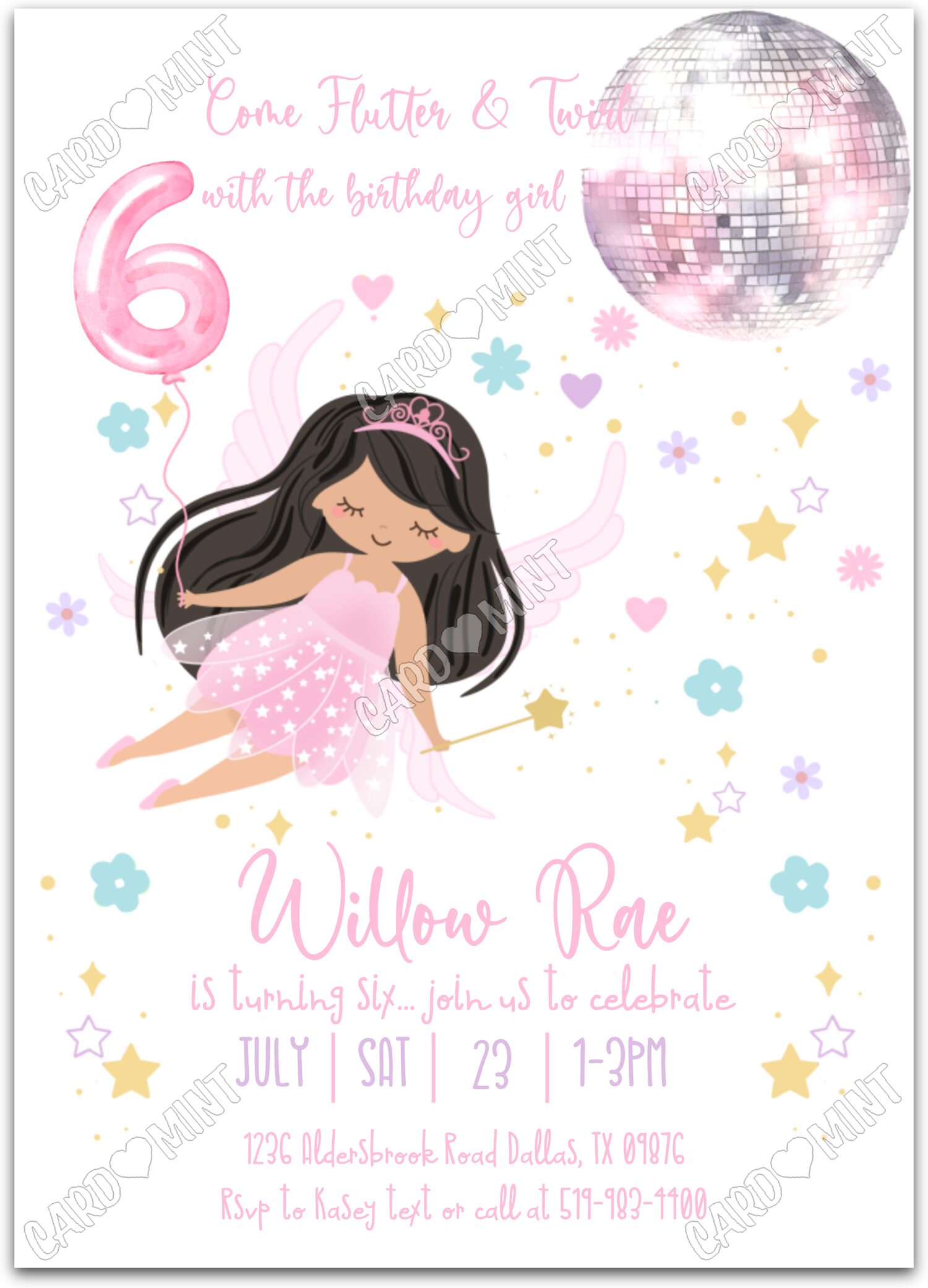 Editable Flutter & Twirl white light/black fairy & stars pattern girl 6th Birthday Party 5"x7" Invitation EV1225-6