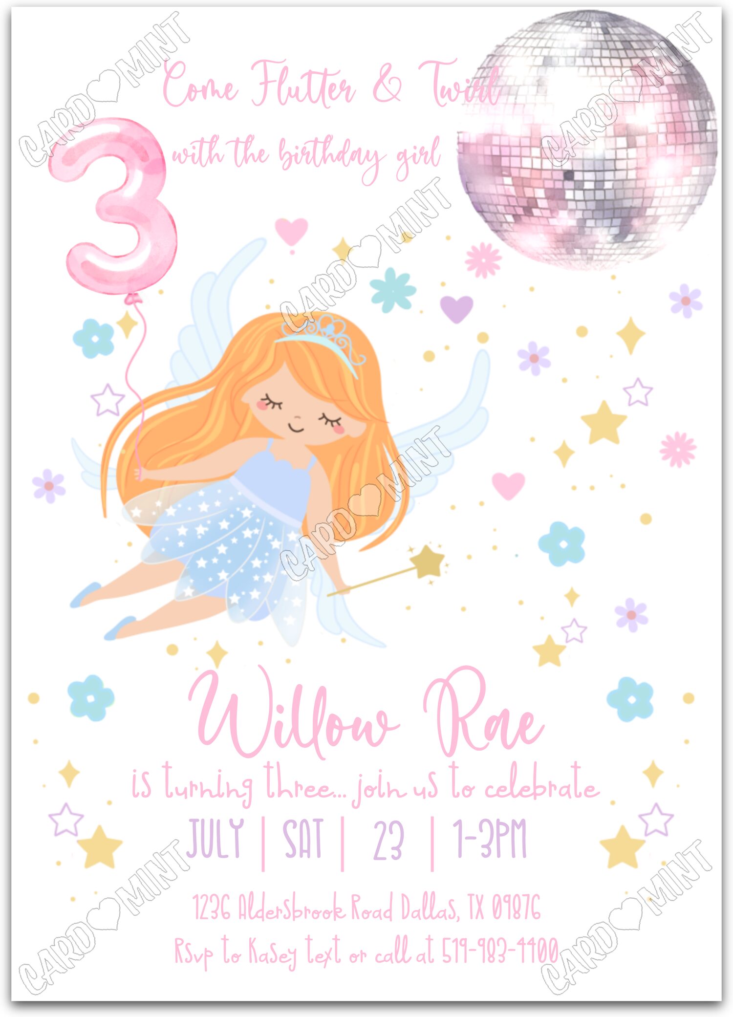Editable Flutter & Twirl white light/orange fairy & stars pattern girl 3rd Birthday Party 5"x7" Invitation EV1230-3