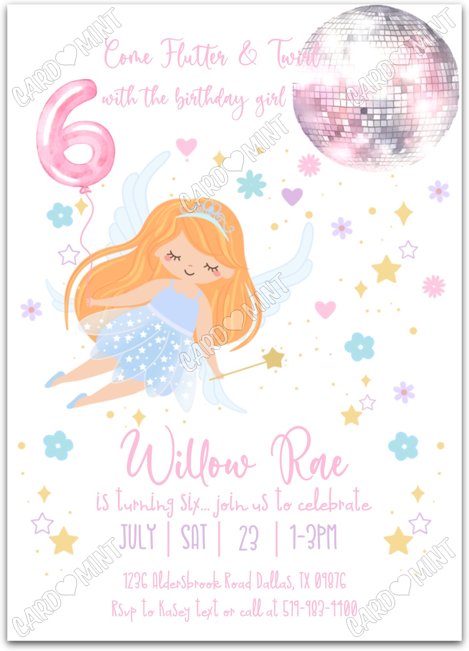 Editable Flutter & Twirl white light/orange fairy & stars pattern girl 6th Birthday Party 5"x7" Invitation EV1230-6