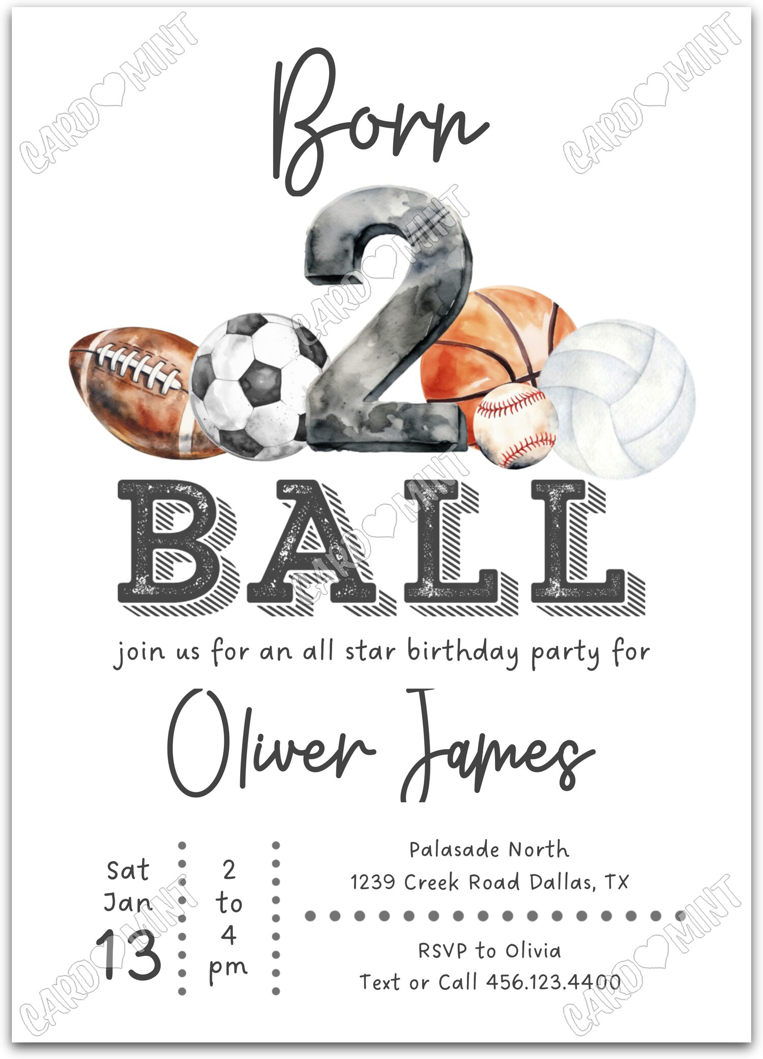 Editable Born 2 Ball white sports balls boy Birthday Party Invitation EV1231