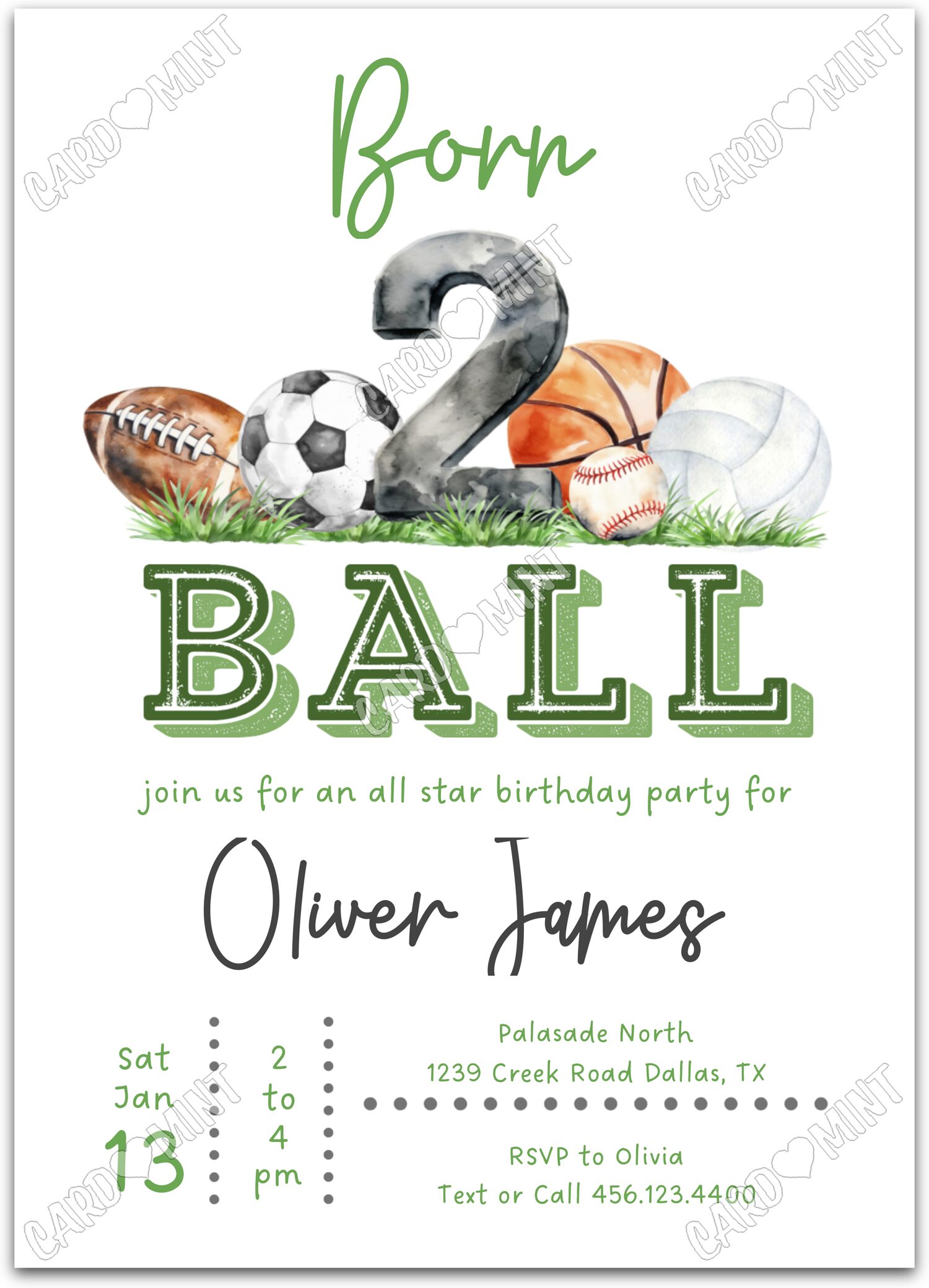 Editable Born 2 Ball green sports balls boy Birthday Party Invitation EV1232