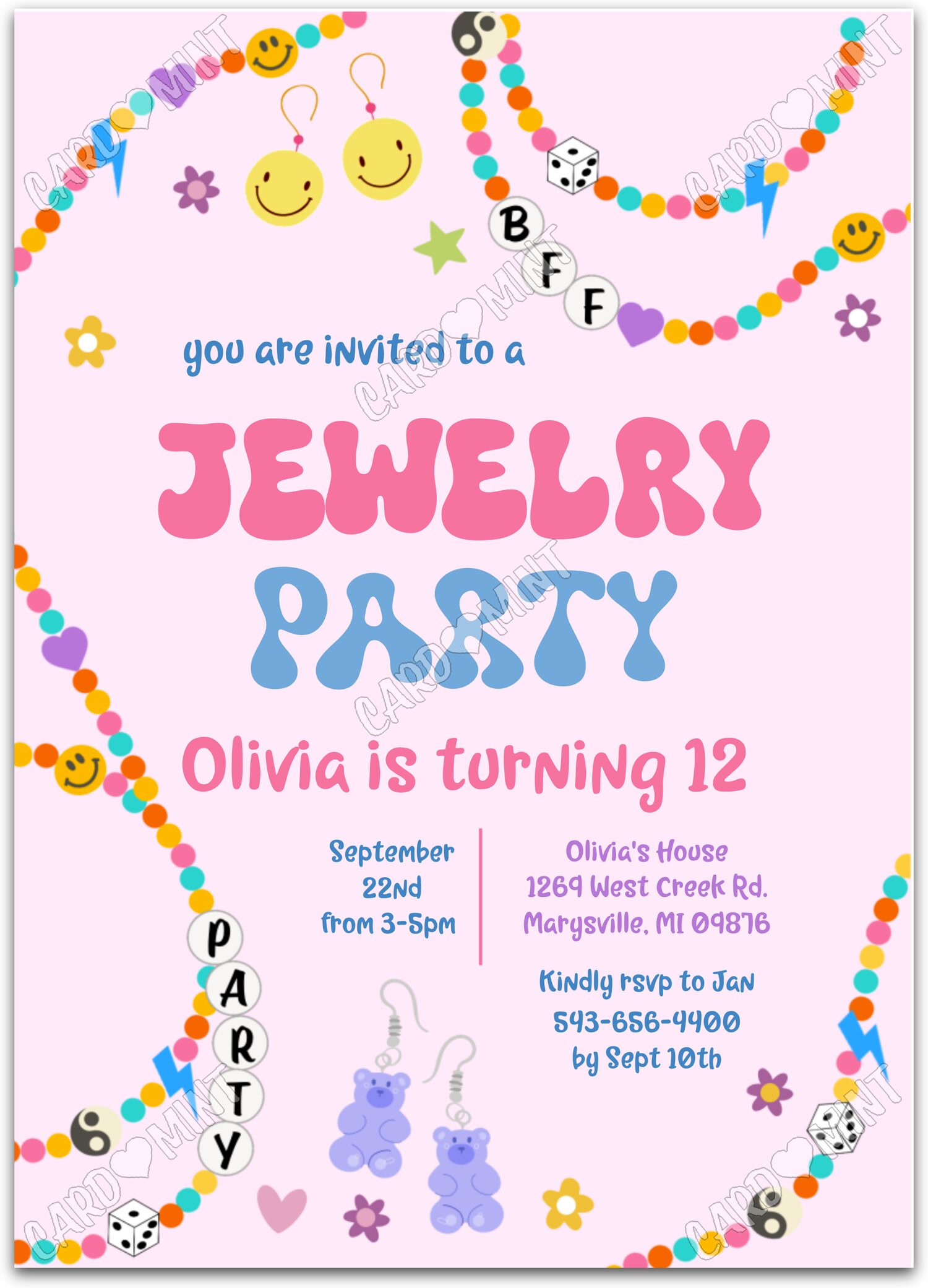 Editable Jewelry Party pink colorful beads girl Birthday Party 5"x7" Invitation EV1234