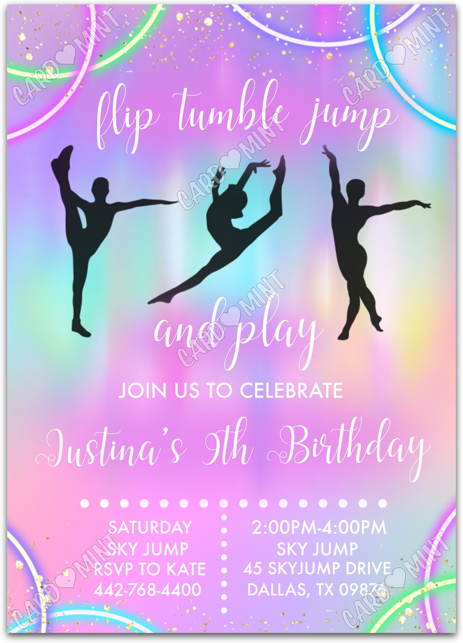 Editable Gymnastics Jump pink/blue gymnasts girl Birthday Party 5"x7" Invitation EV1235