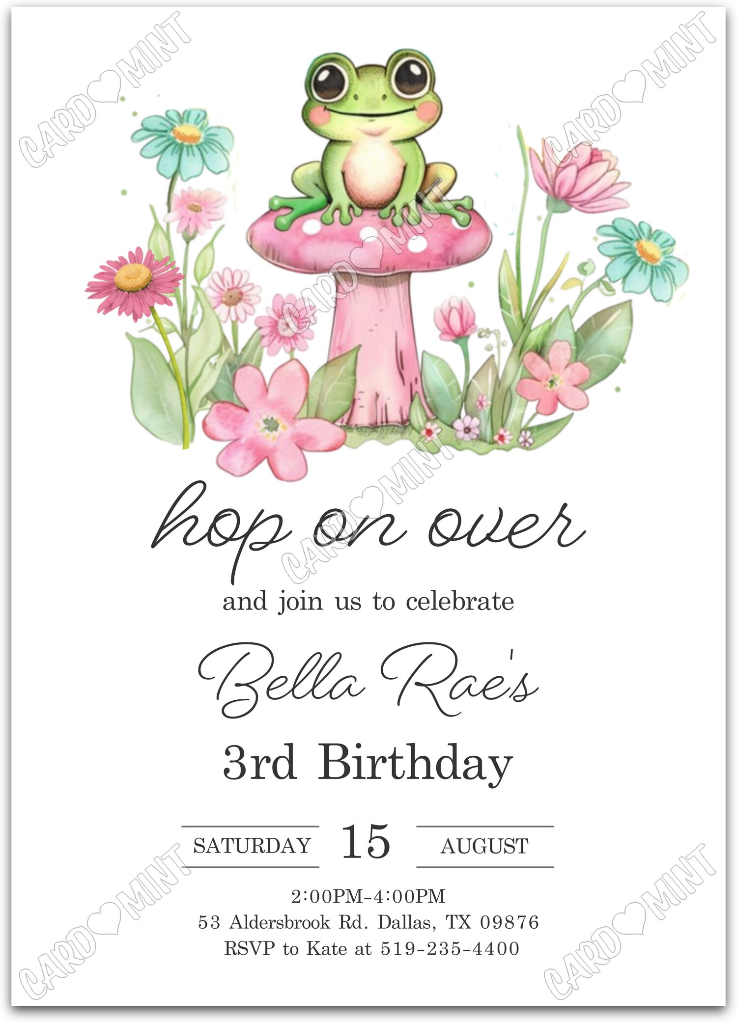 Editable Hop on Over white cute frog girl Birthday Party 5"x7" Invitation EV1237