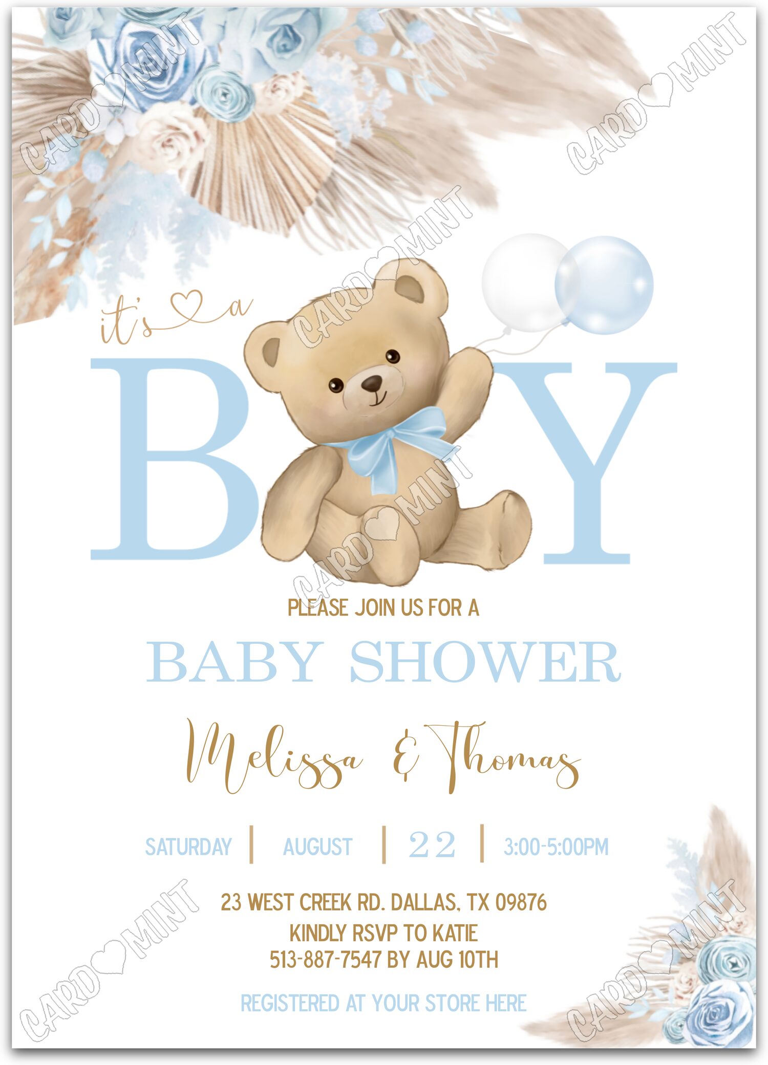 Editable It's a Boy white teddy bear boy Baby Shower 5"x7" Invitation EV1239