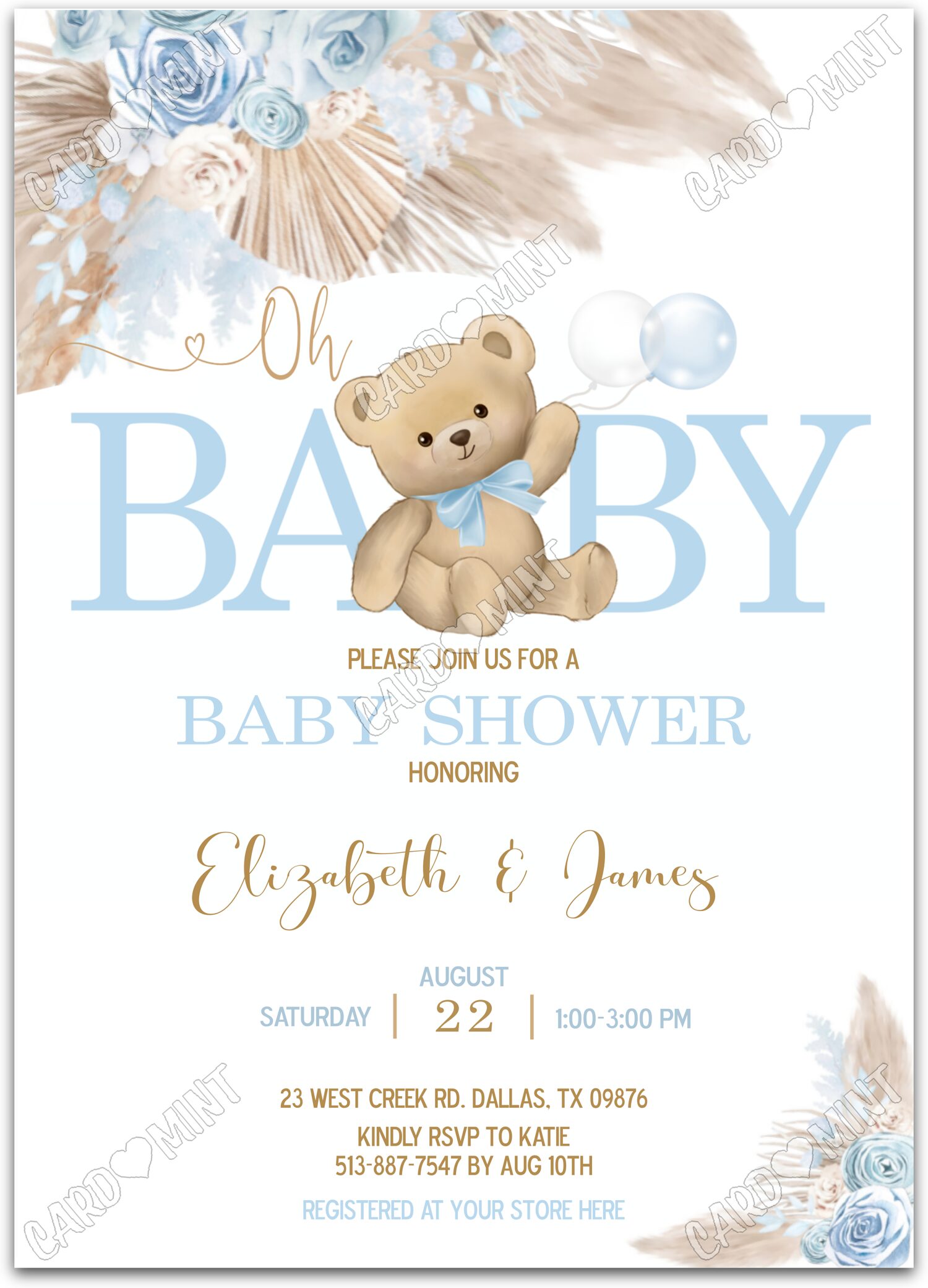 Editable Oh Baby white teddy bear boy Baby Shower 5"x7" Invitation EV1240