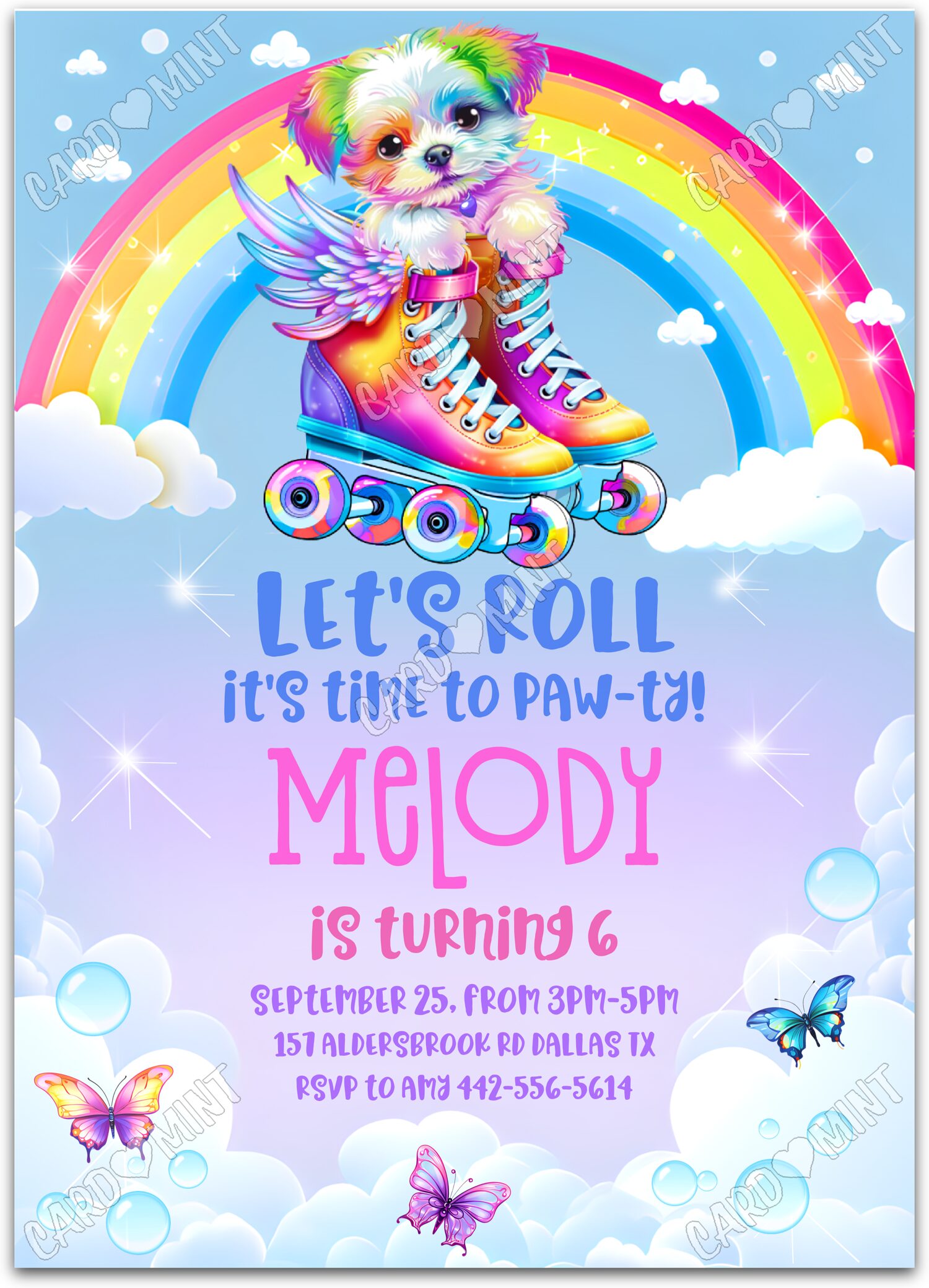 Editable Roller Puppy rainbow cute puppy girl Birthday Party 5"x7" Invitation EV1242