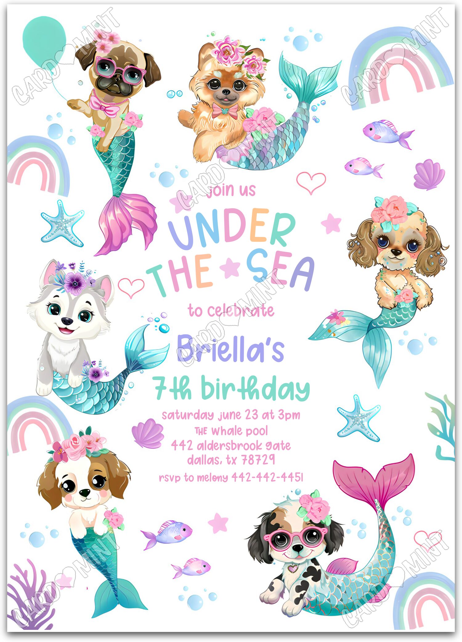 Editable Under the Sea white cute puppy mermaids girl Birthday Party 5"x7" Invitation EV1244