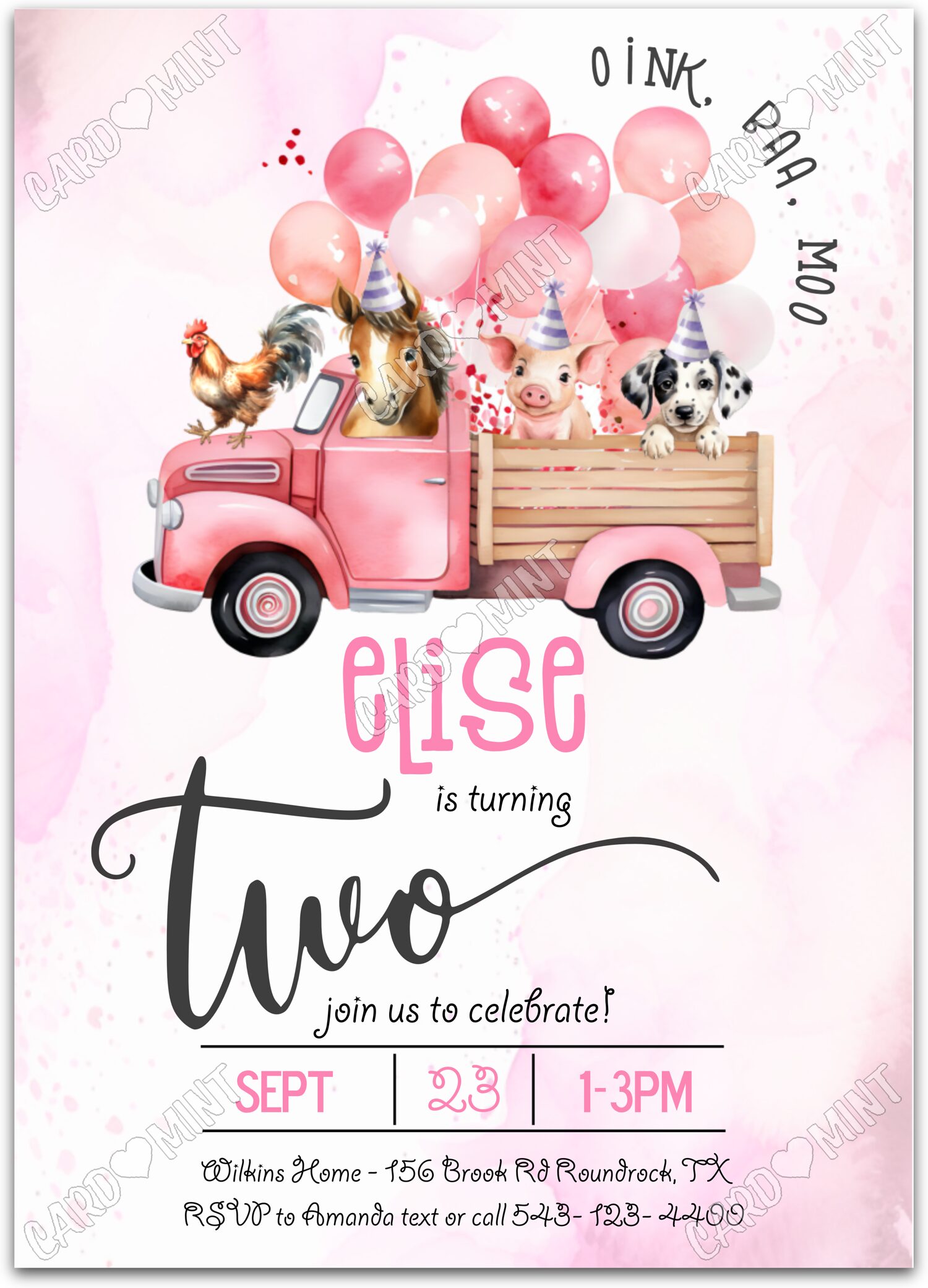 Editable Oink Baa Moo pink girl 2nd Birthday Party 5"x7" Invitation EV1245