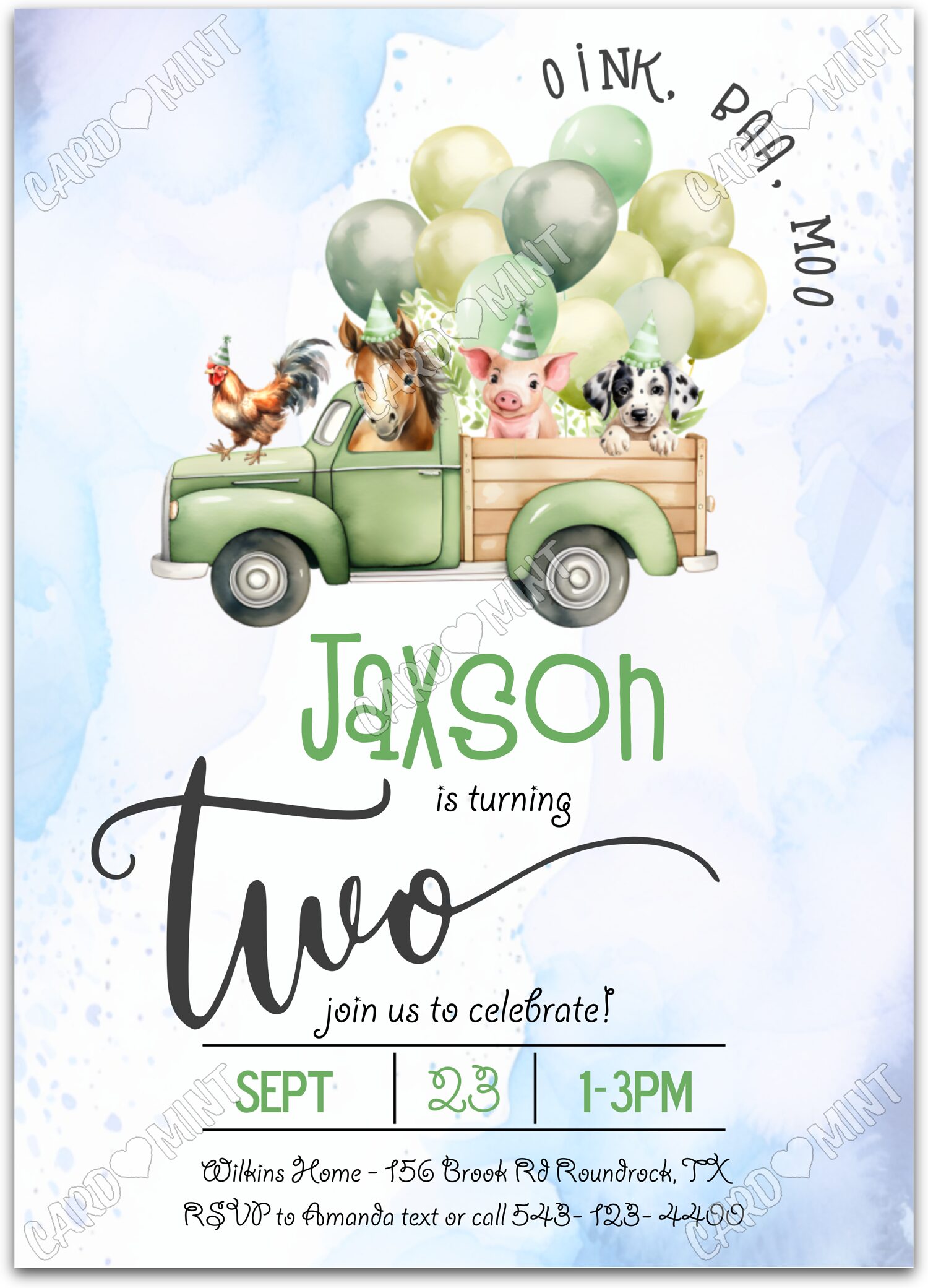 Editable Oink Baa Moo green/blue farm truck & animals boy 2nd Birthday Party 5"x7" Invitation EV1248