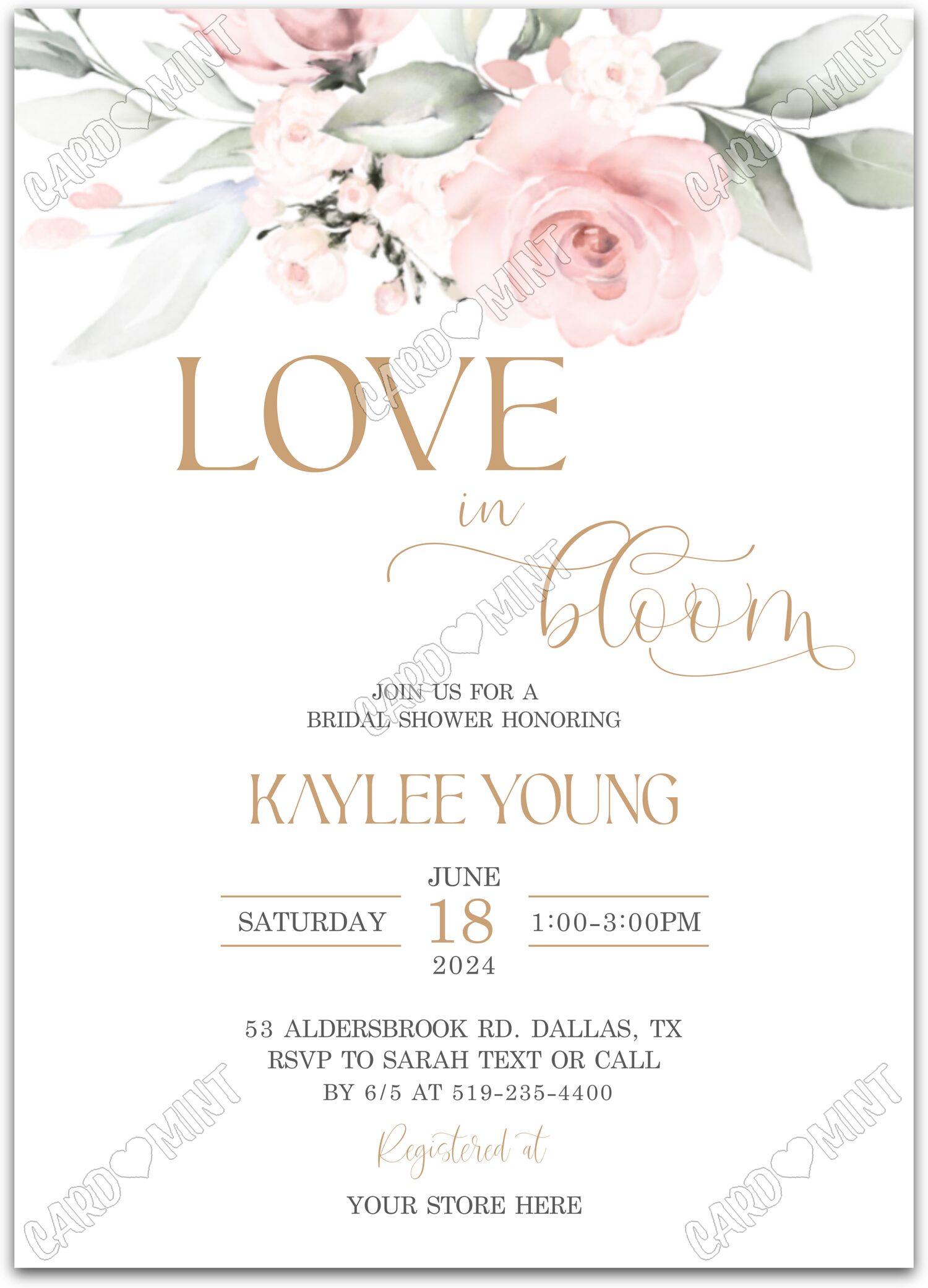 Editable Love in Bloom white pink roses Douche nuptiale 5"x7" Invitation EV1255