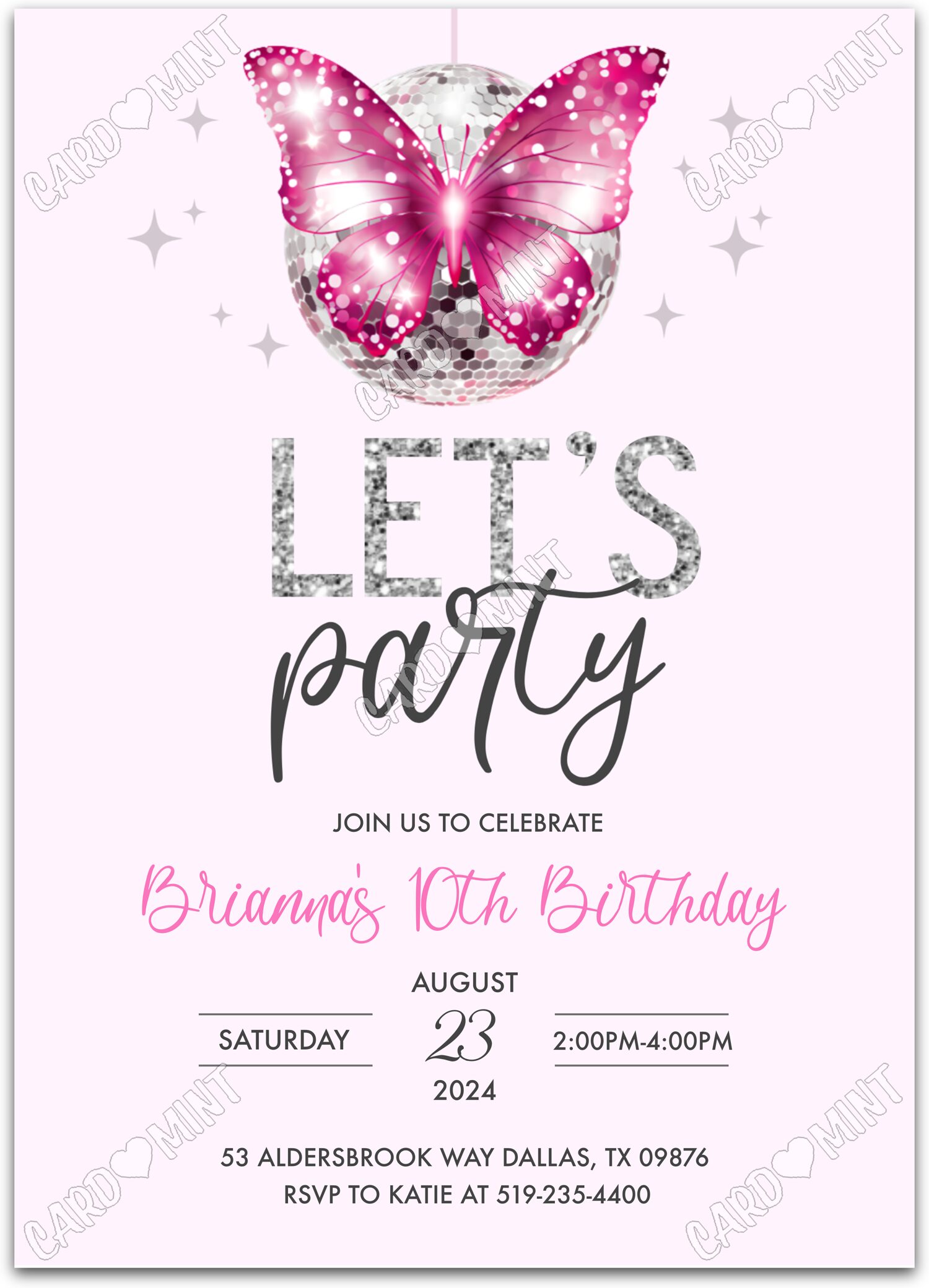 Editable Let's Party pink butterfly & disco ball girl Birthday Party 5"x7" Invitation EV1301