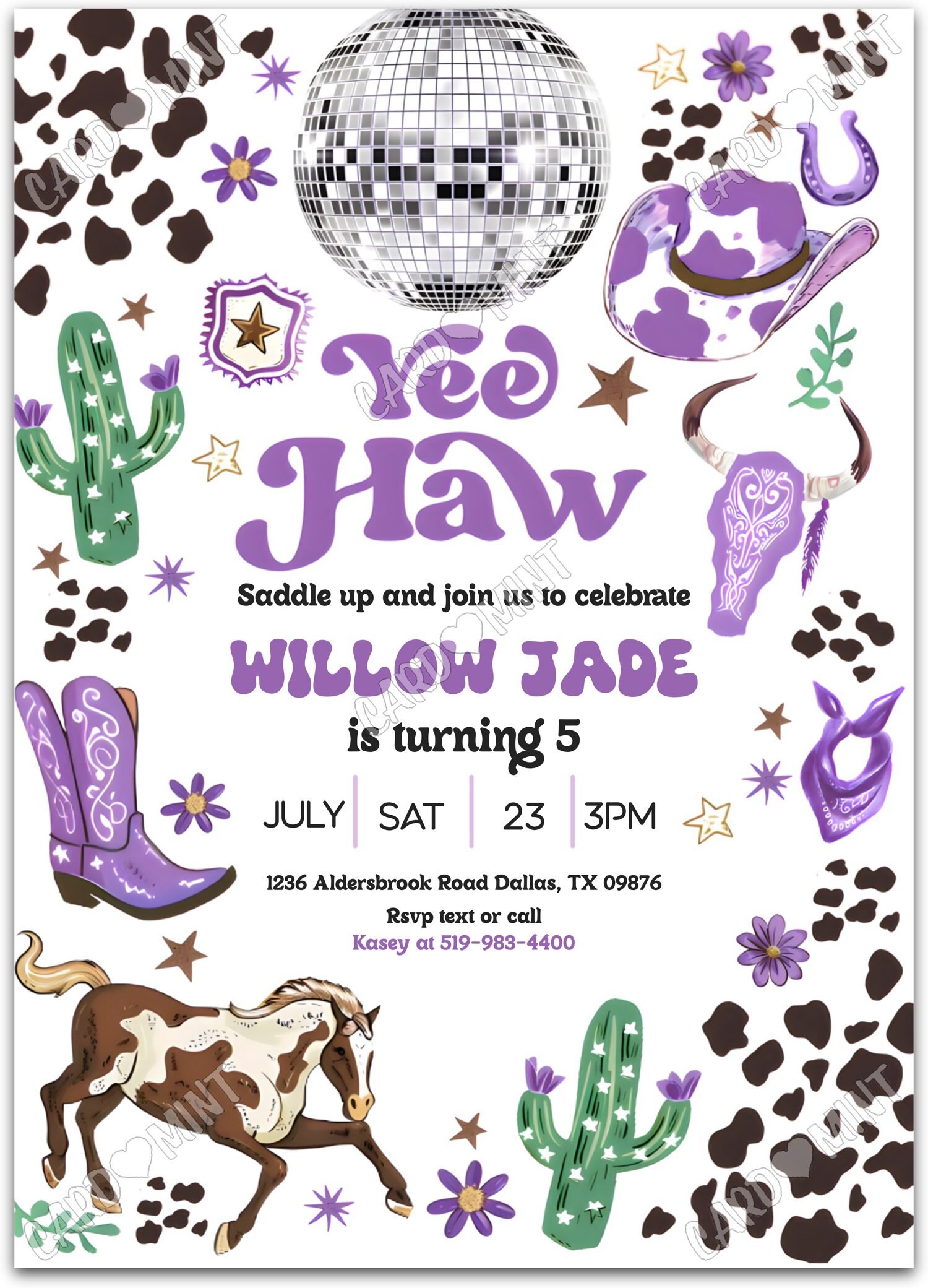 Editable Yee Haw purple cowgirl apparel girl Birthday Party Invitation EV1302