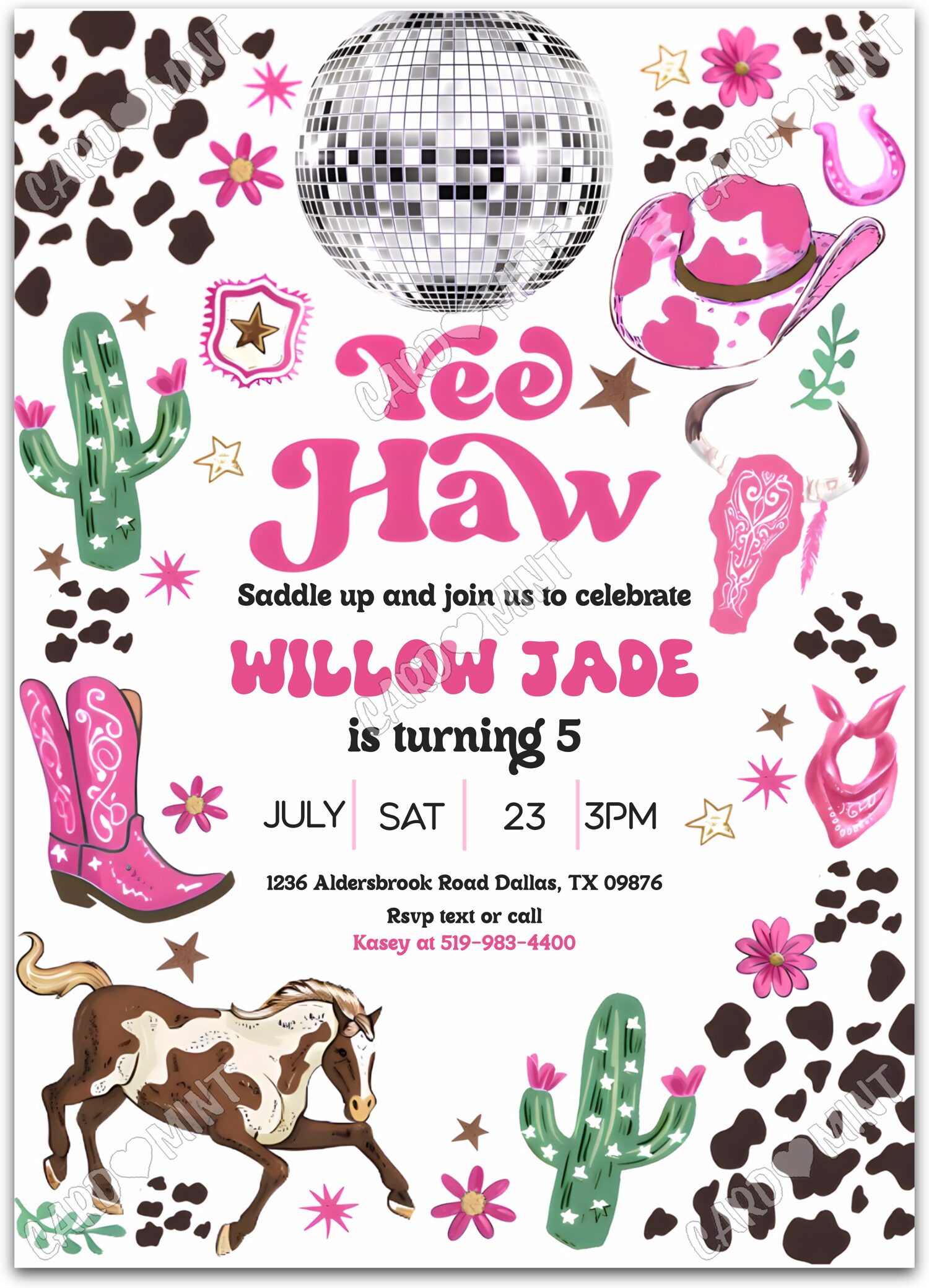 Editable Yee Haw pink cowgirl apparel girl Birthday Party Invitation EV1303