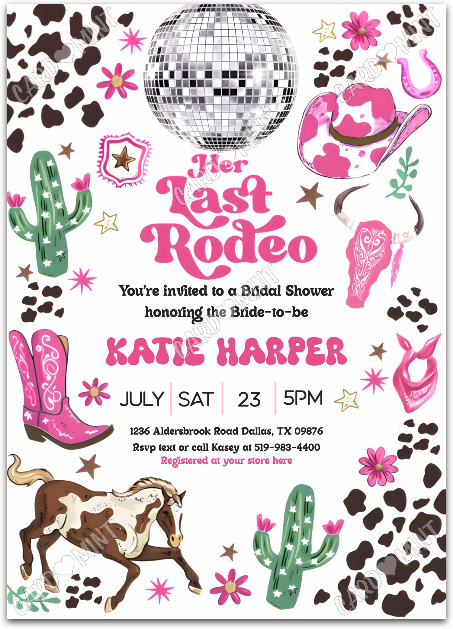 Editable Her Last Rodeo pink cowgirl apparel Bridal Shower 5"x7" Invitation EV1305