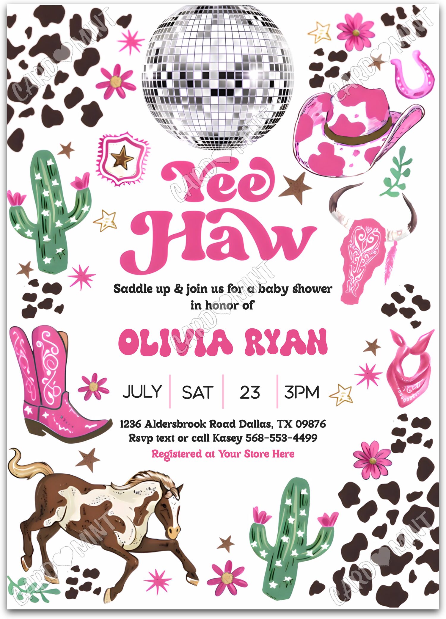 Editable Yee Haw pink cowgirl apparel girl Douche de bébé 5"x7" Invitation EV1306
