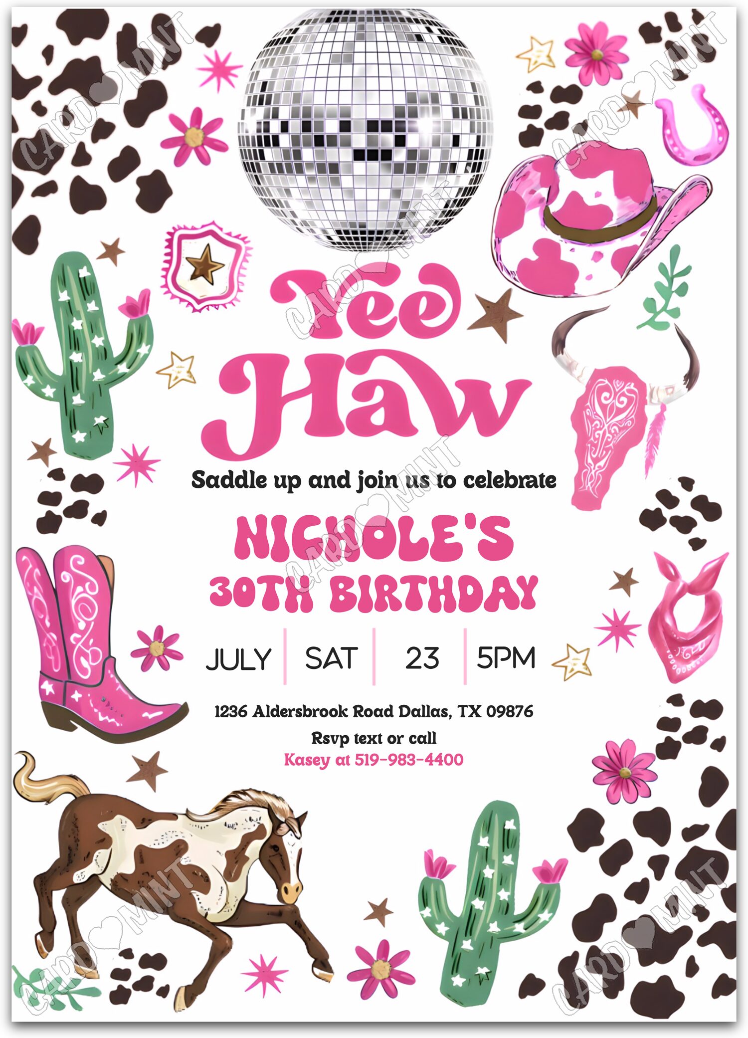 Editable Yee Haw pink cowgirl apparel woman Birthday Party 5"x7" Invitation EV1308