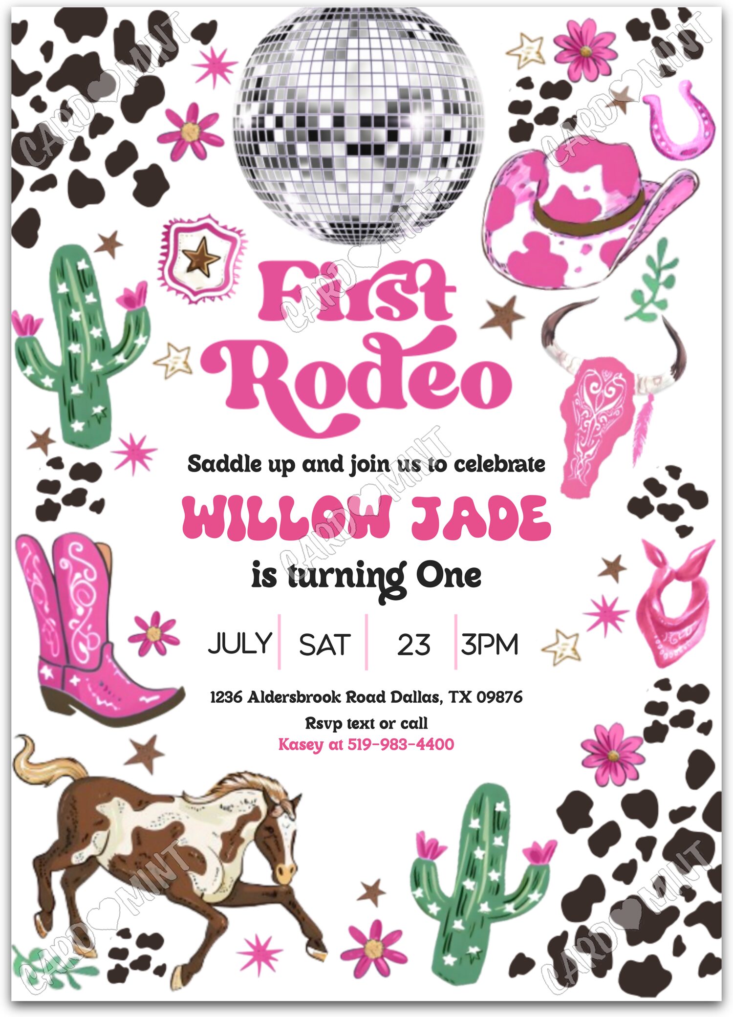 Editable First Rodeo pink cowgirl apparel girl First Birthday Party 5"x7" Invitation EV1309