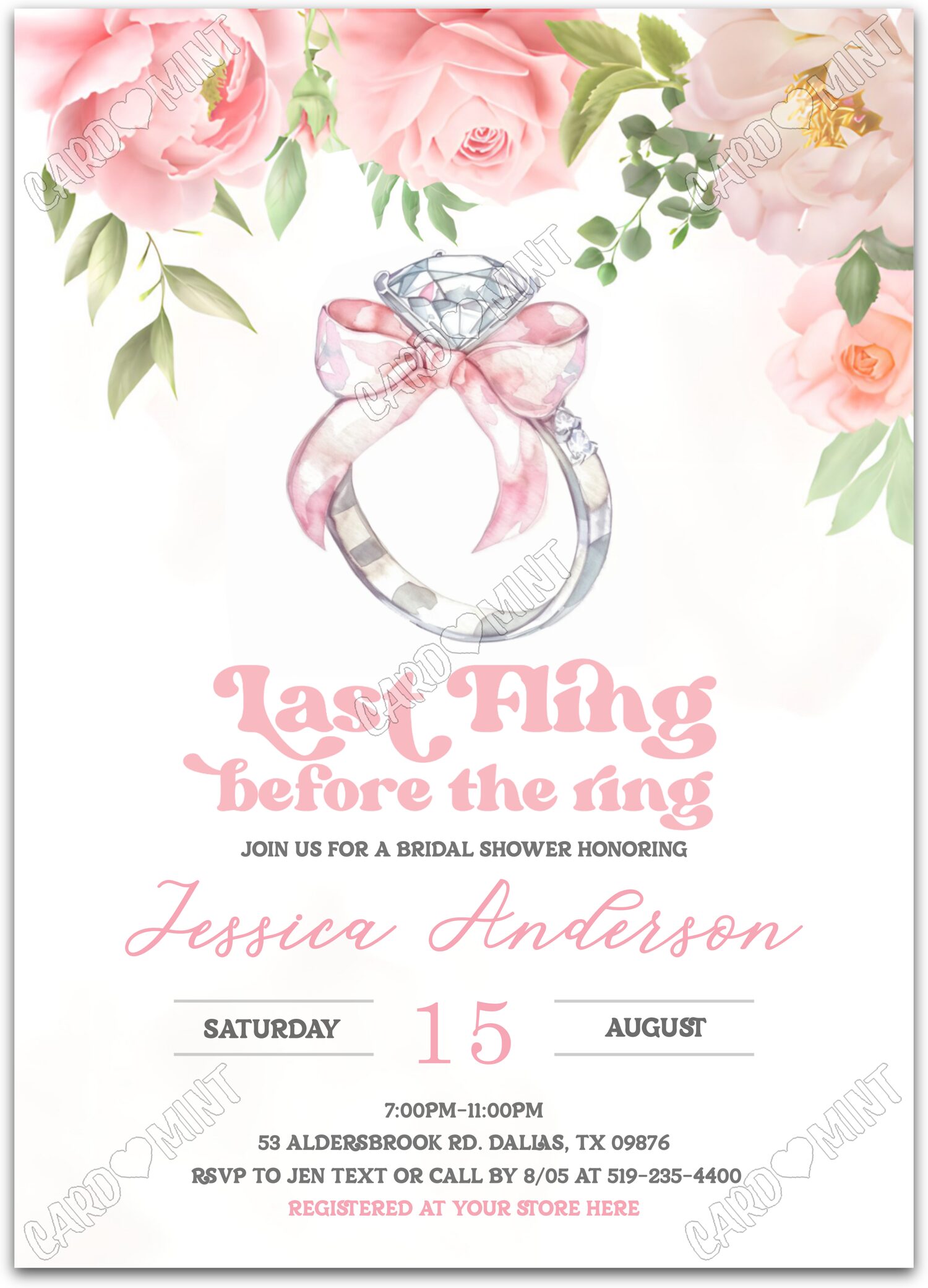 Editable Last Fling diamond ring with pink bow & floral pattern Douche nuptiale 5"x7" Invitation EV1310