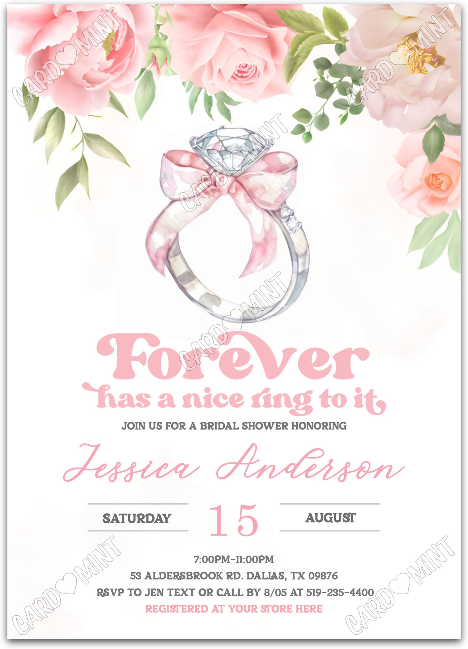 Editable Forever Together diamond ring with pink bow & floral pattern Douche nuptiale 5"x7" Invitation EV1311