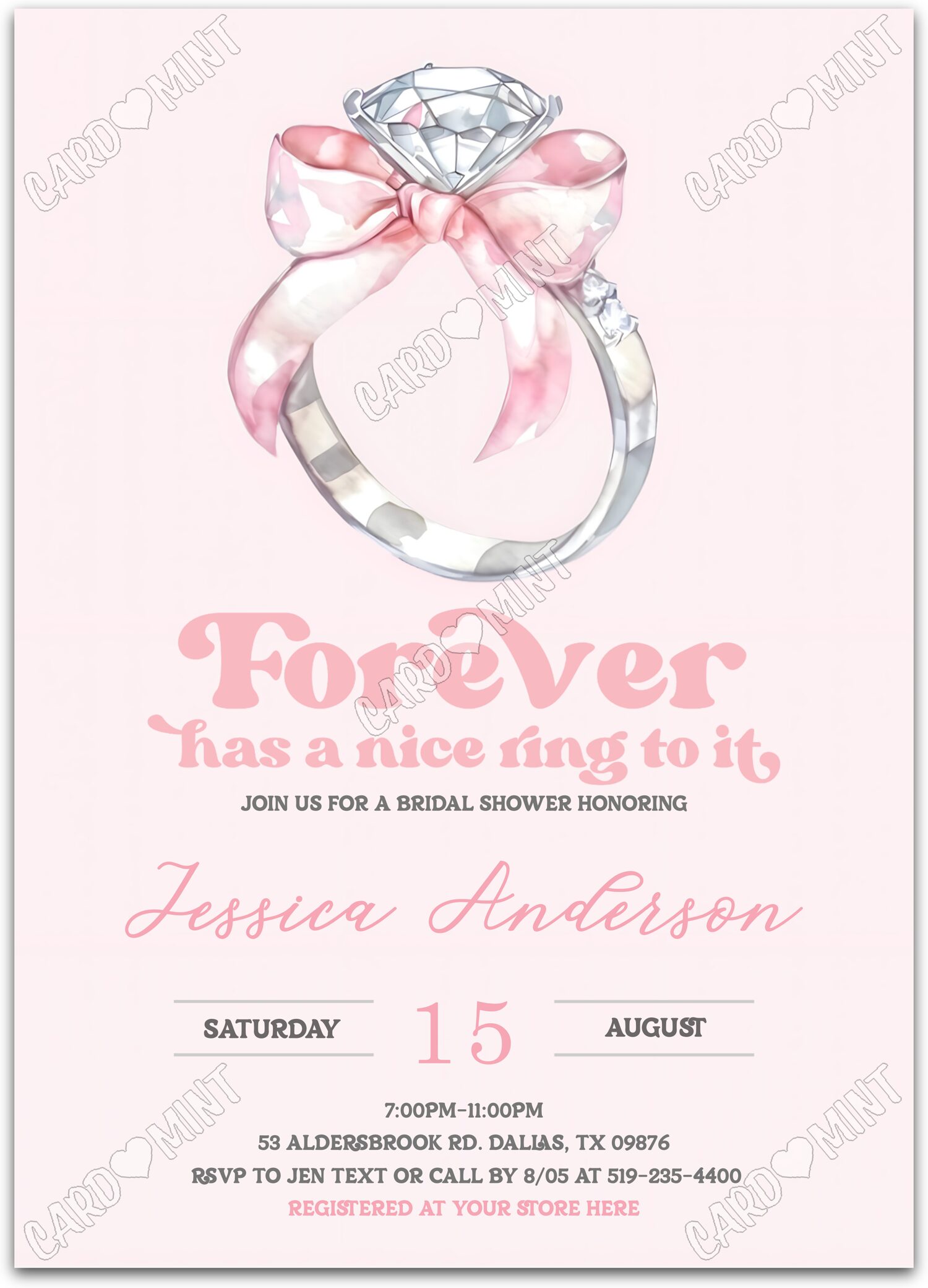 Editable Forever Together pink diamond ring with pink bow Douche nuptiale 5"x7" Invitation EV1312