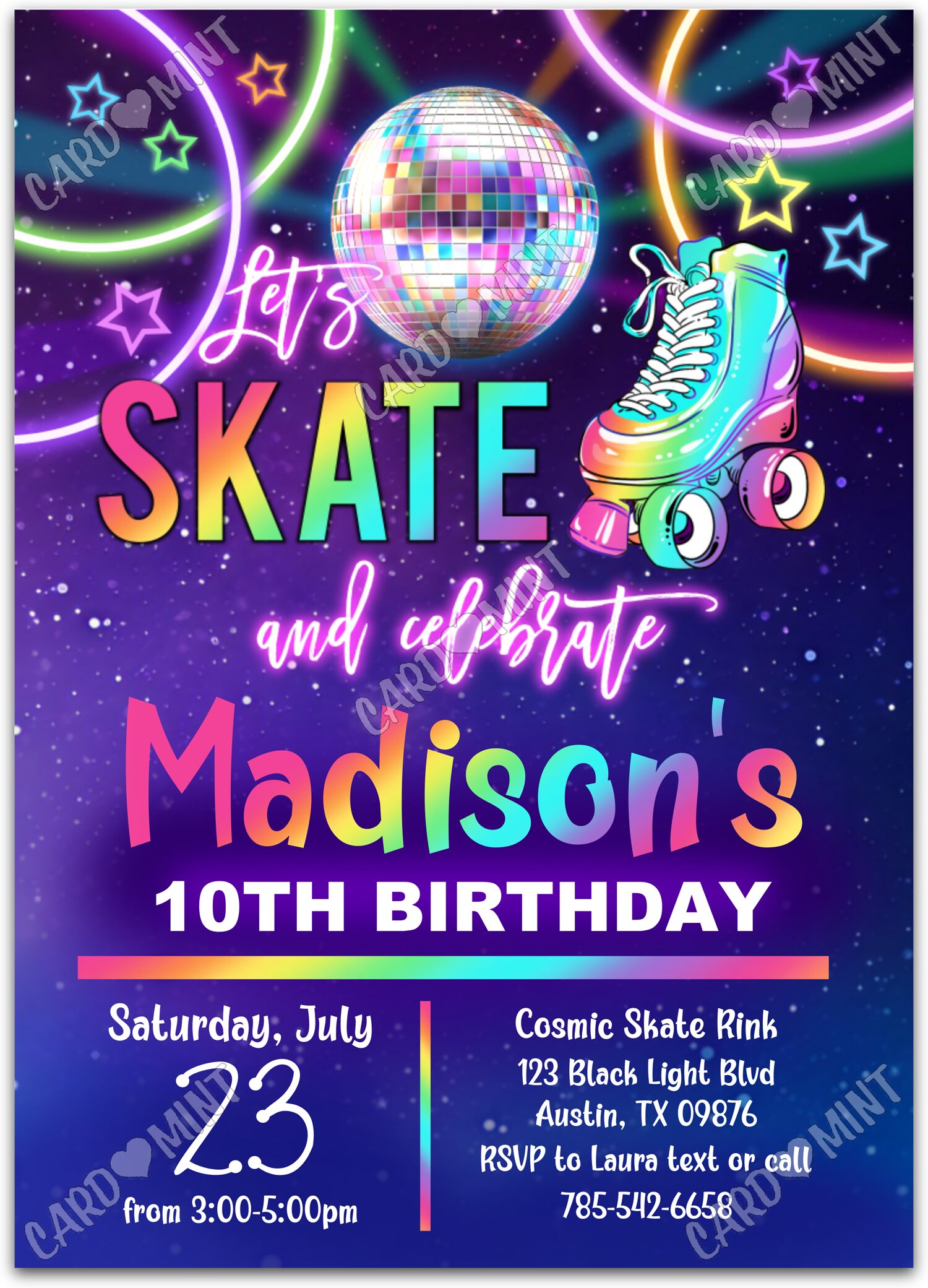 Editable Let's Roll rainbow roller blades & disco ball girl Birthday Party 5"x7" Invitation EV1316