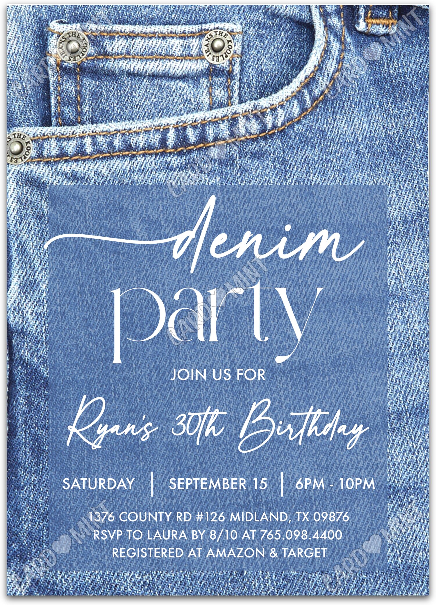Editable Denim Party blue blue jeans boy Fête d'Anniversaire 5"x7" Invitation EV1333