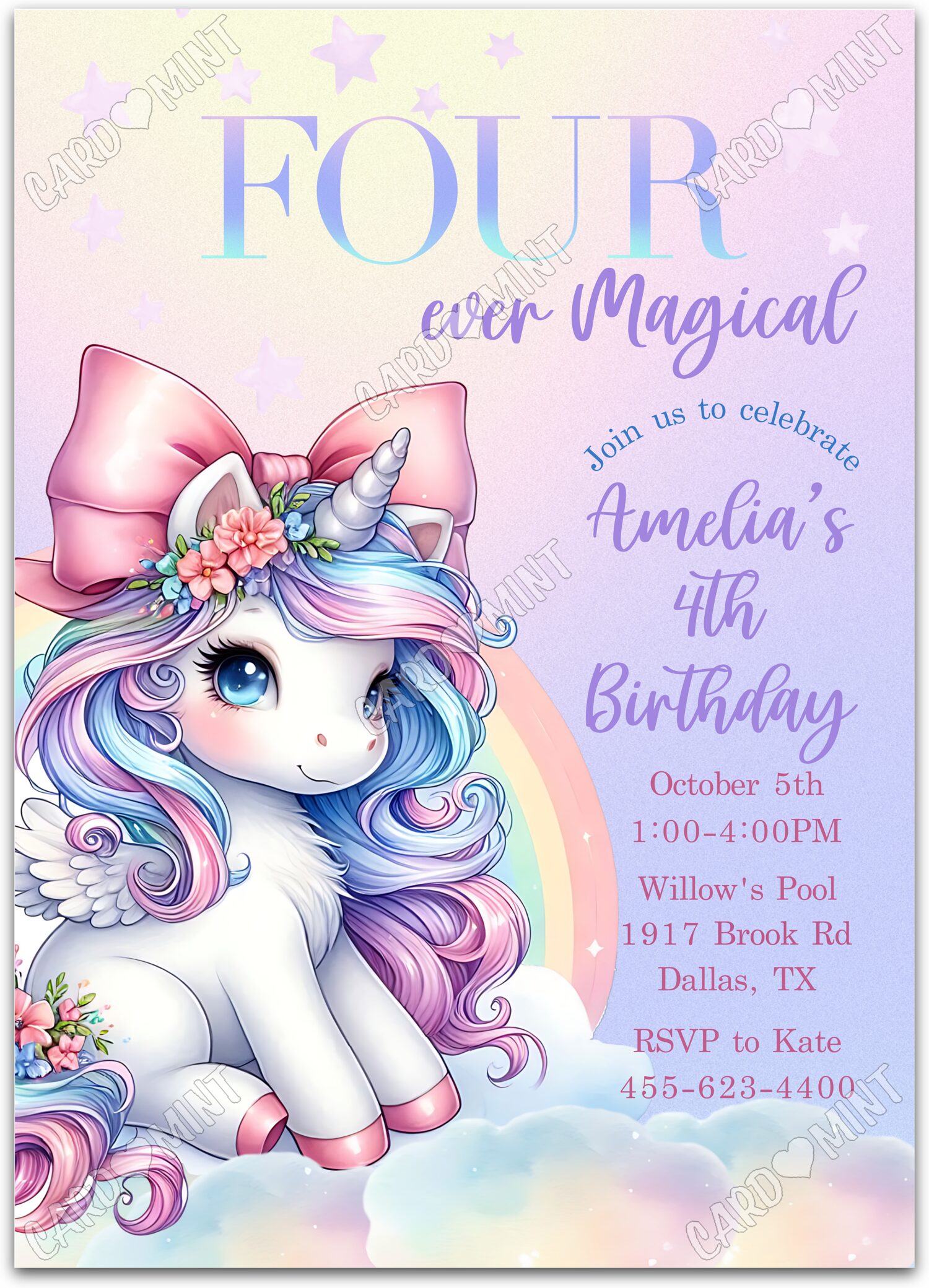 Editable Four Ever Magical colorful unicorn w/bow girl 4th Birthday Party Invitation EV1846